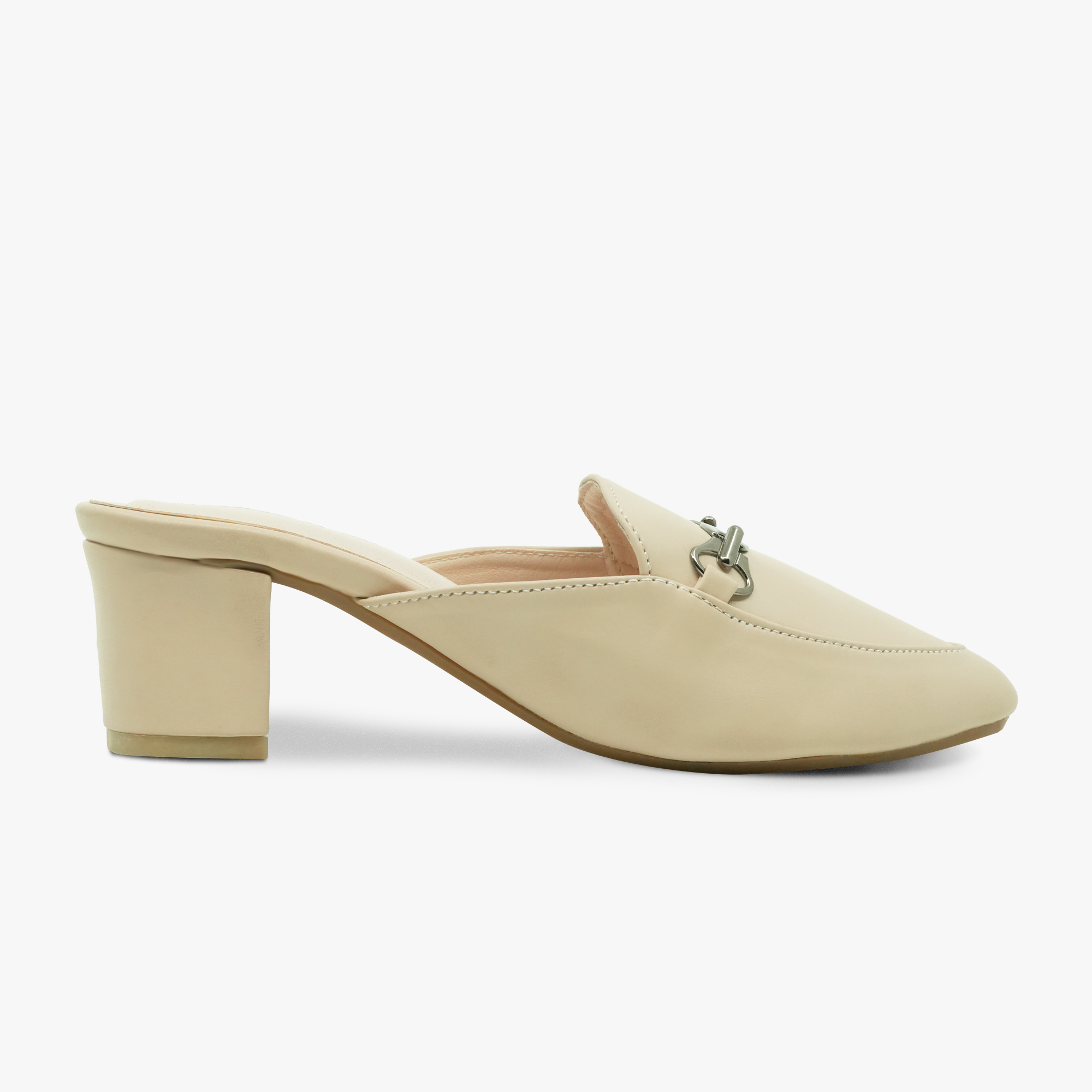 “Side view of Khowai beige chain-link heeled mule with block heel”