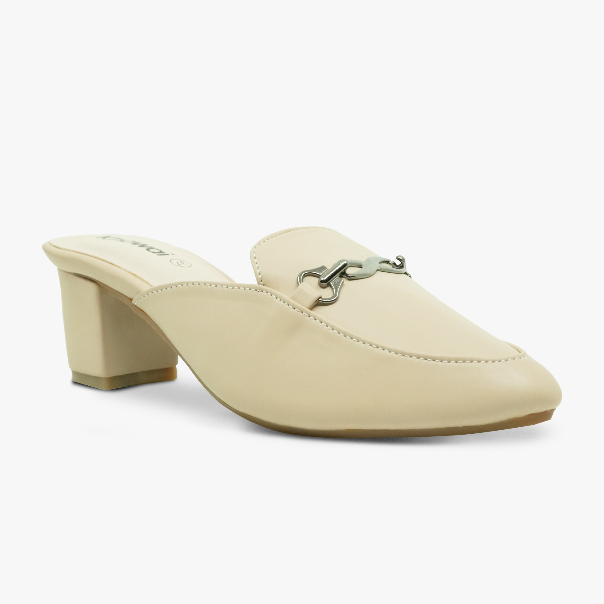 “Top view of padded insole and synthetic lining on Khowai chain-detail mules”