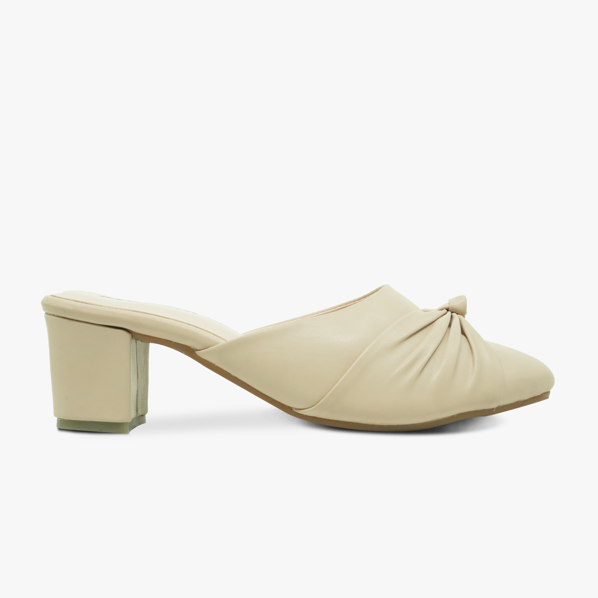 “Side view of Khowai beige knotted heeled mules with block heel”