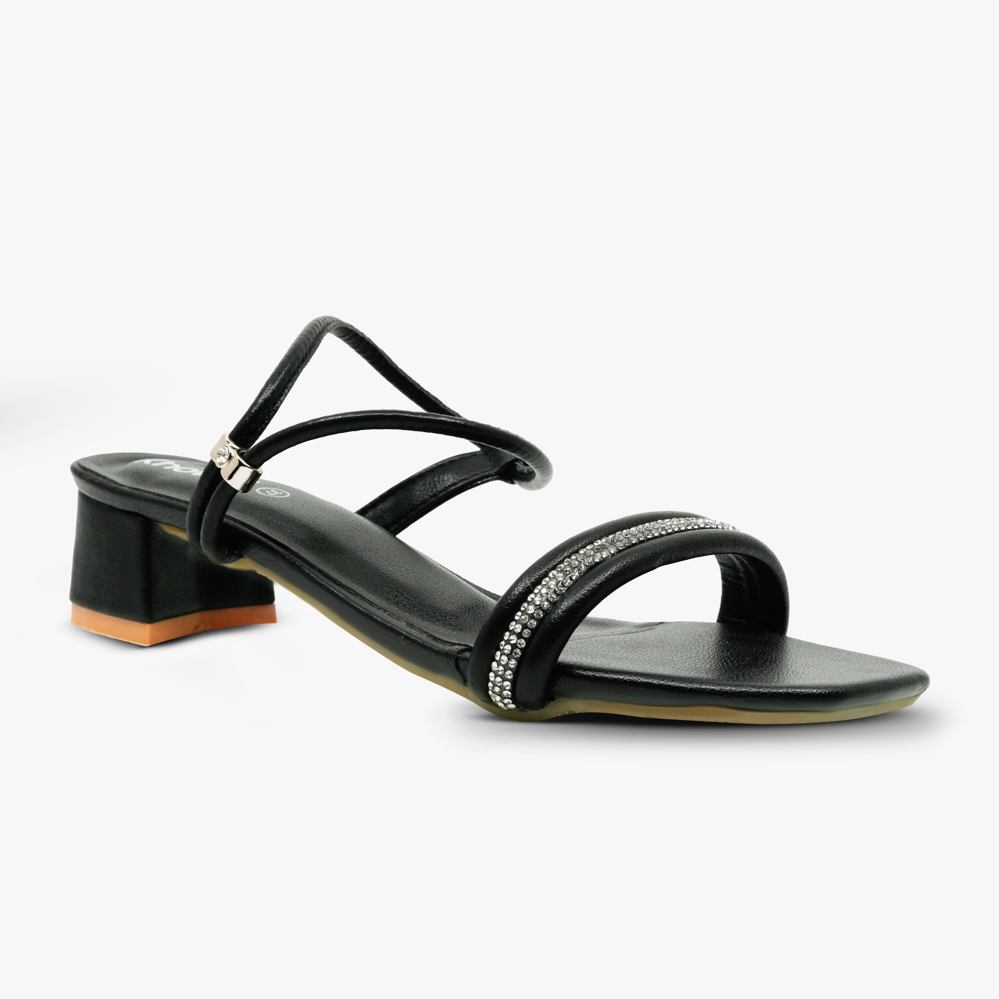 “Front angle of Khowai black rhinestone sandals showing padded insole and secure ankle loop”