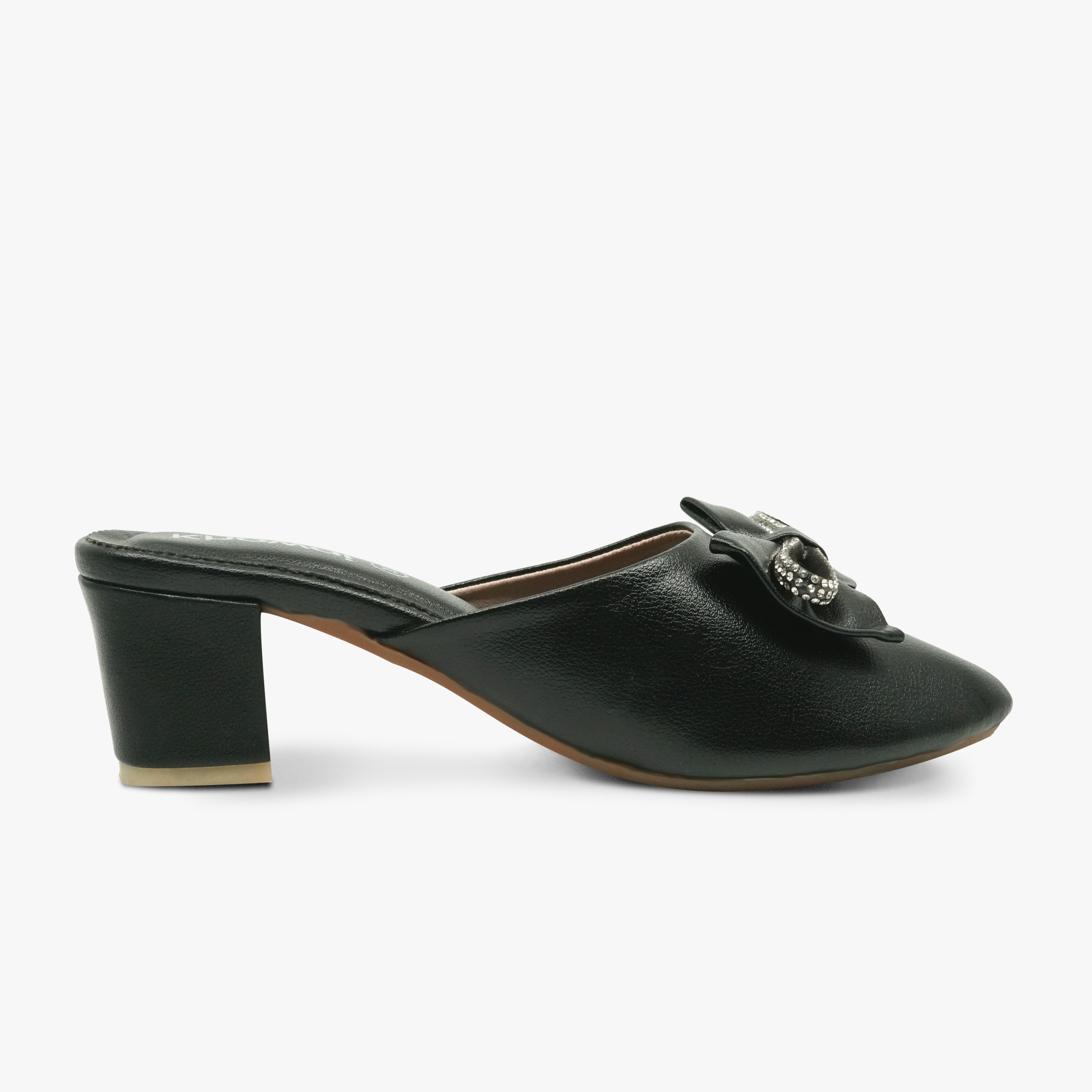 “Side view of Khowai black bow mule heels with mid-height block heel”