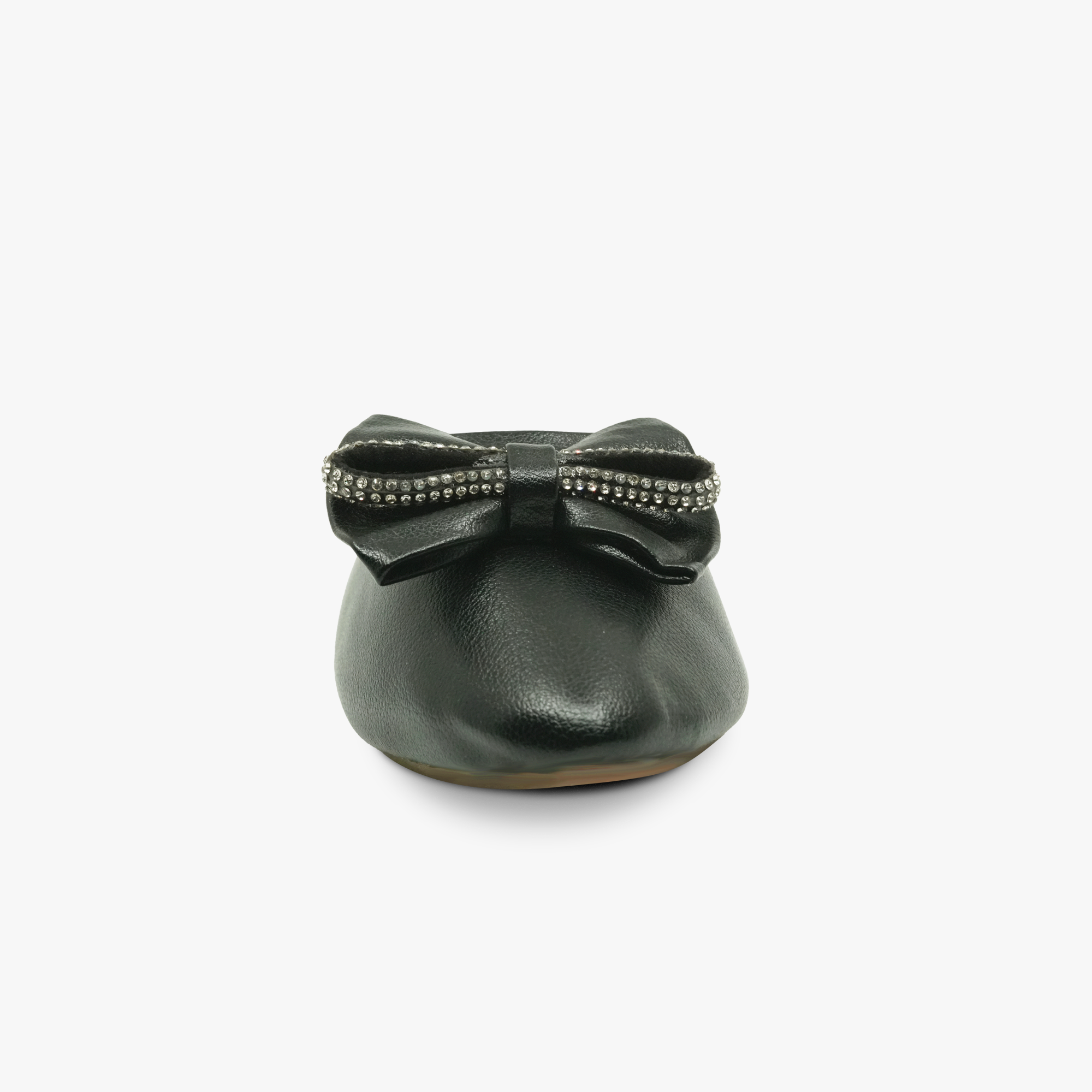 “Front angle of Khowai block-heel mule in black showing statement bow detail”