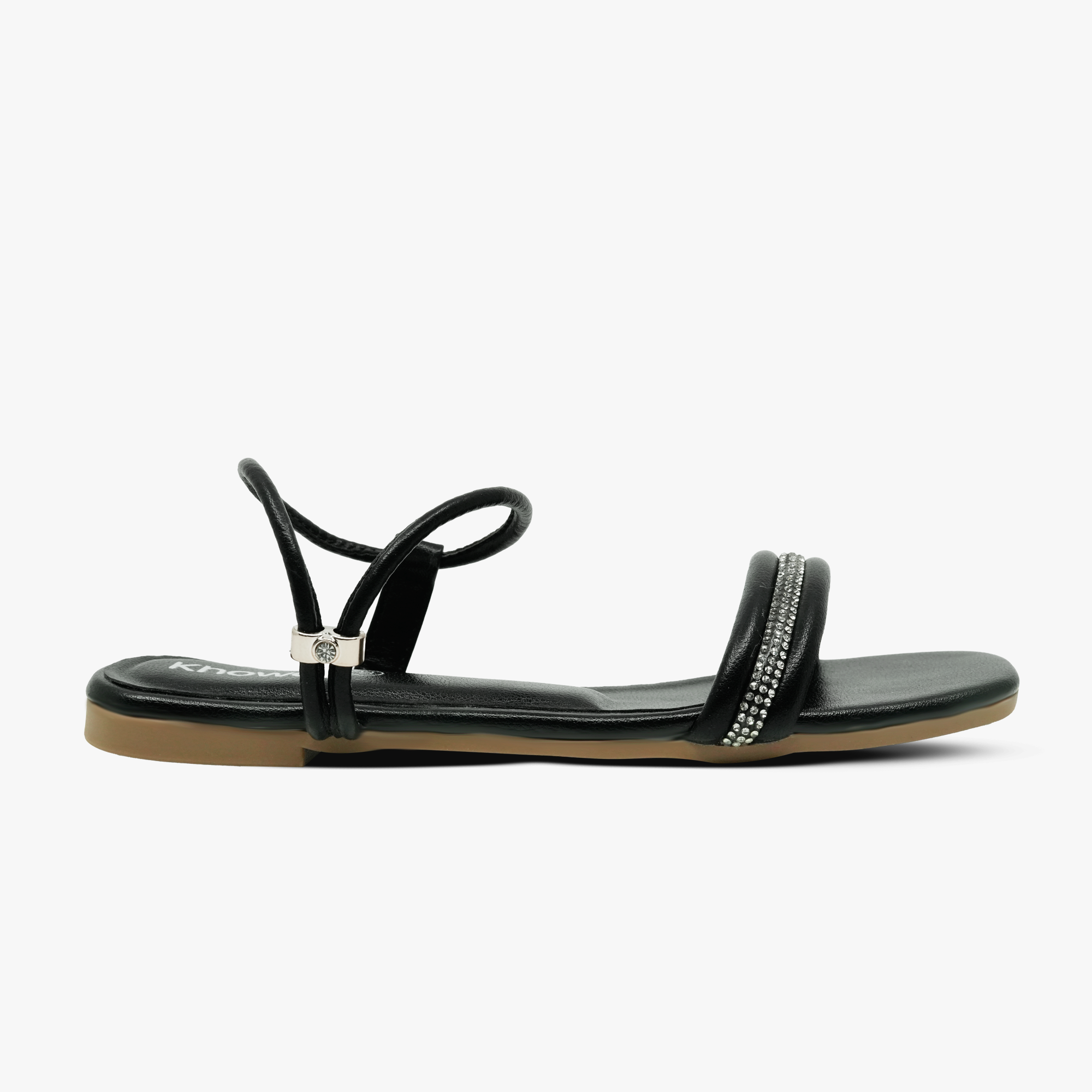 “Side view of Khowai black flat sandals with a rhinestone-embellished front strap”
