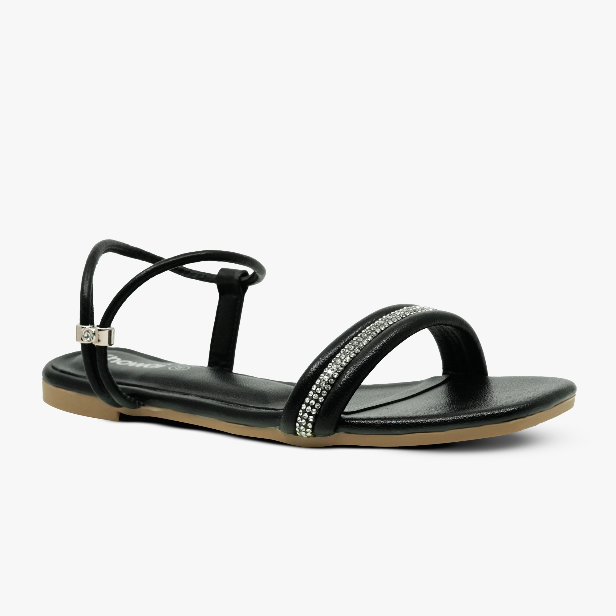 “Front angle of Khowai black flat sandals showing rhinestone detail and open toe design”