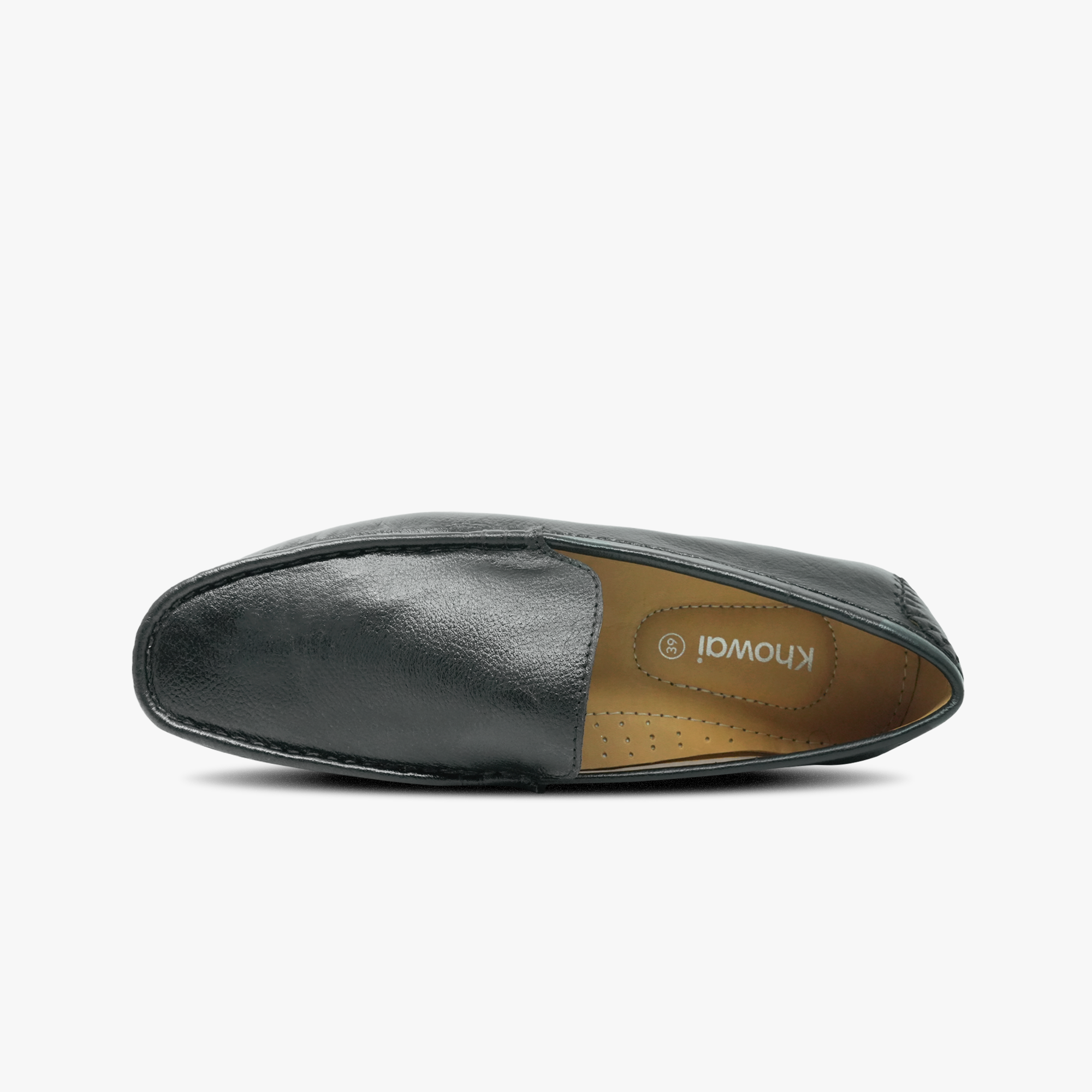 Top View of Khowai Black Leather Driving Moccasin - Showing Clean Design
