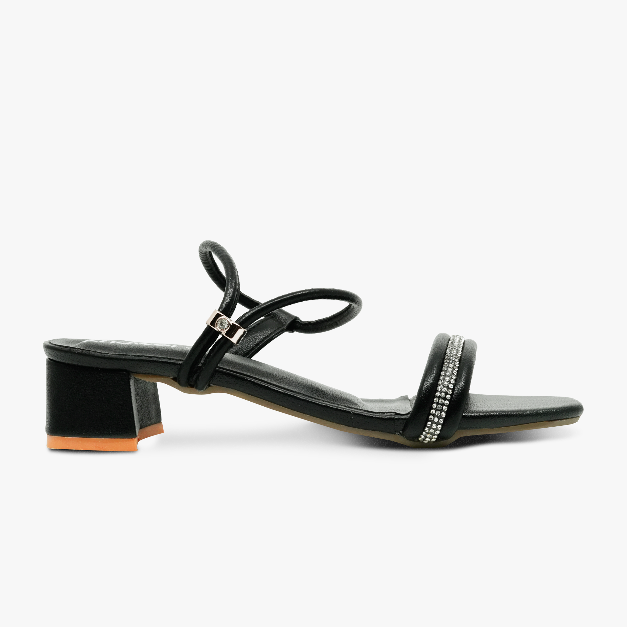 “Side view of Khowai black block-heel sandals featuring a rhinestone front strap”