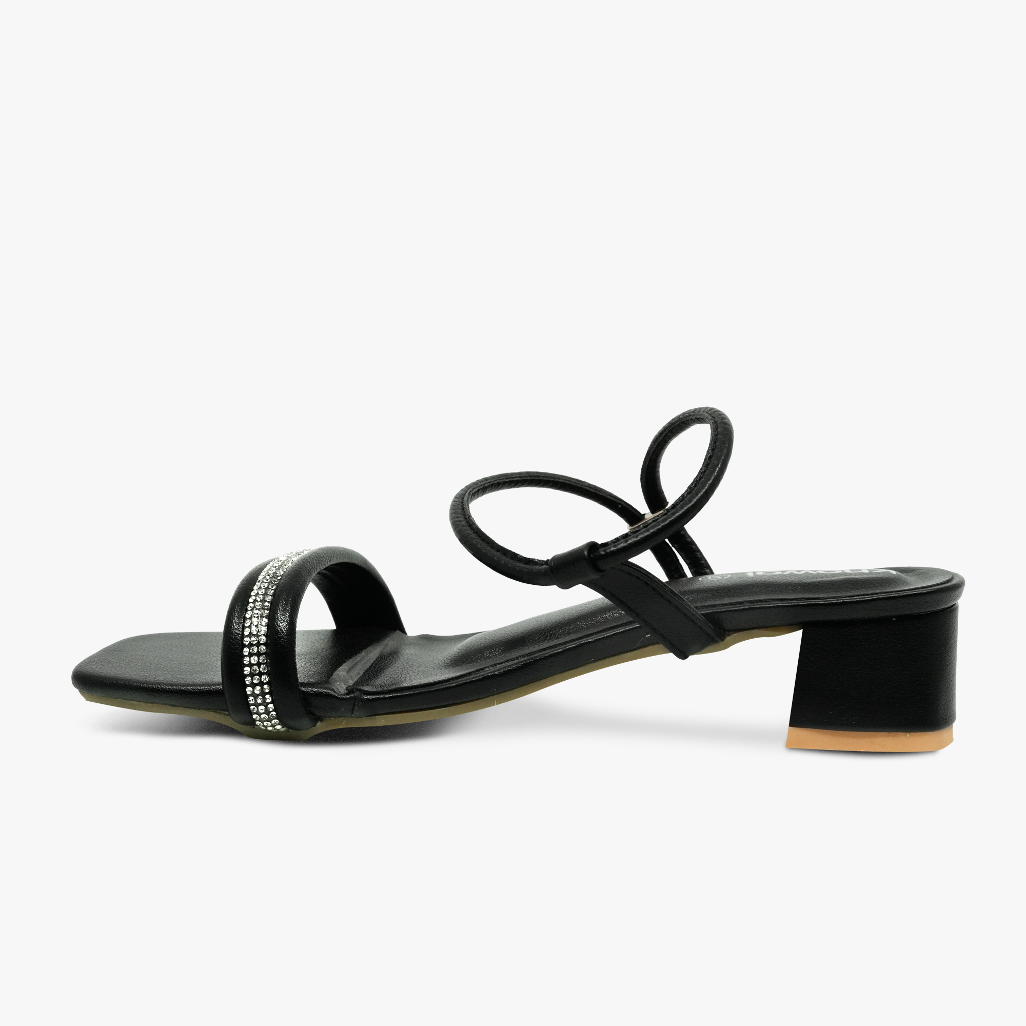 “Profile shot of open-toe black sandals with mid-height block heel and double straps”