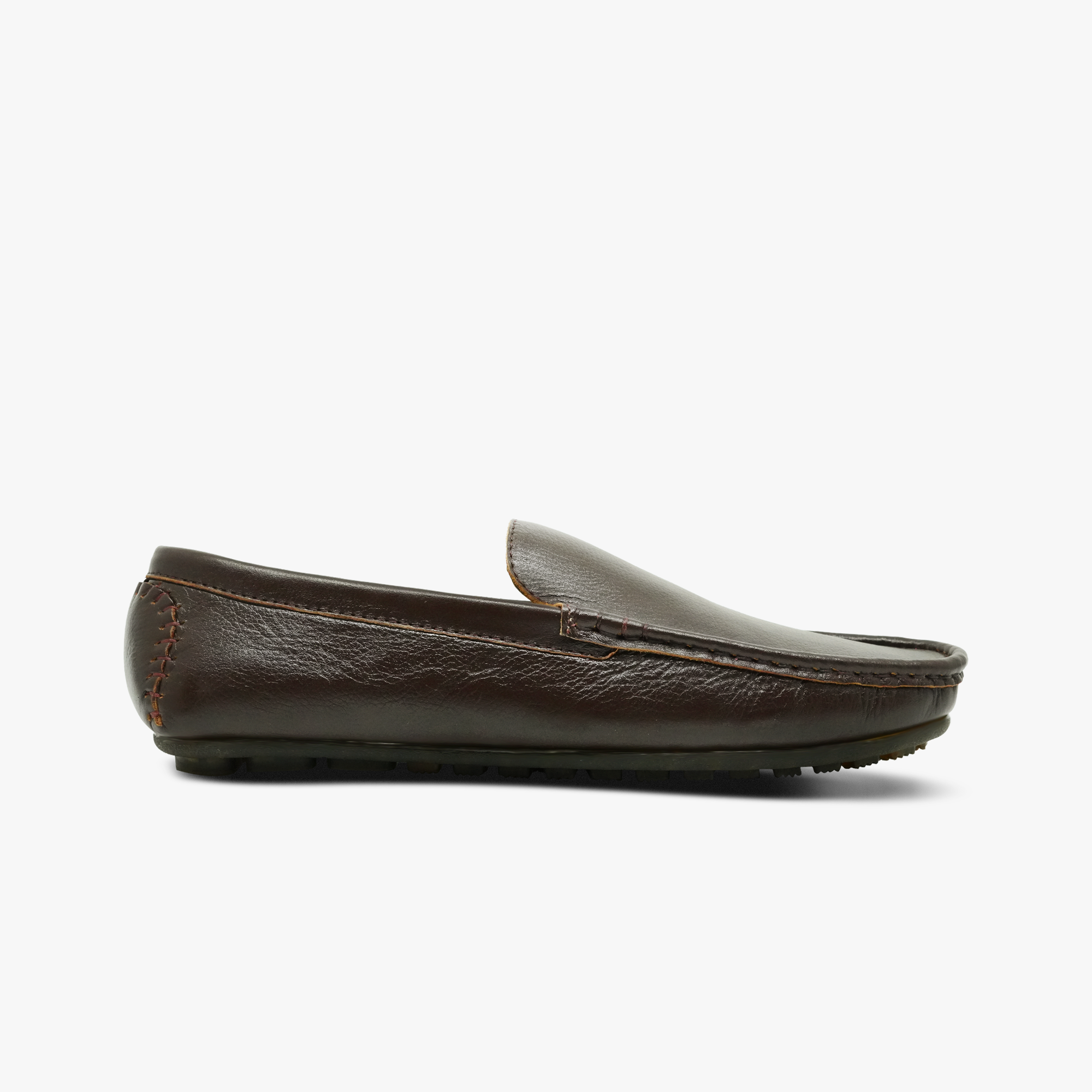 “Side view of Khowai men’s brown driver loafers with moc-toe design”