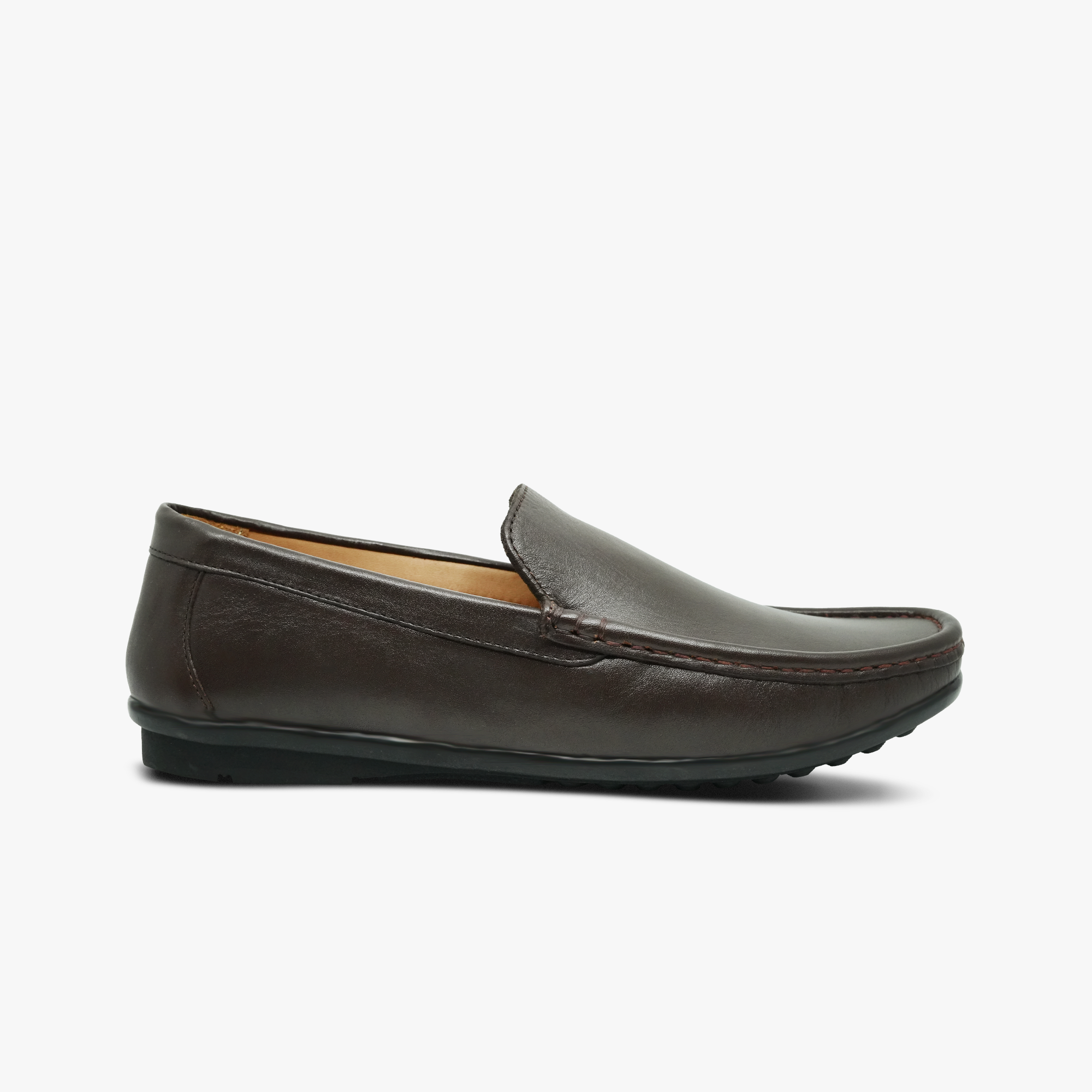 “Side view of Khowai brown leather driving moccasin with rubber pods”