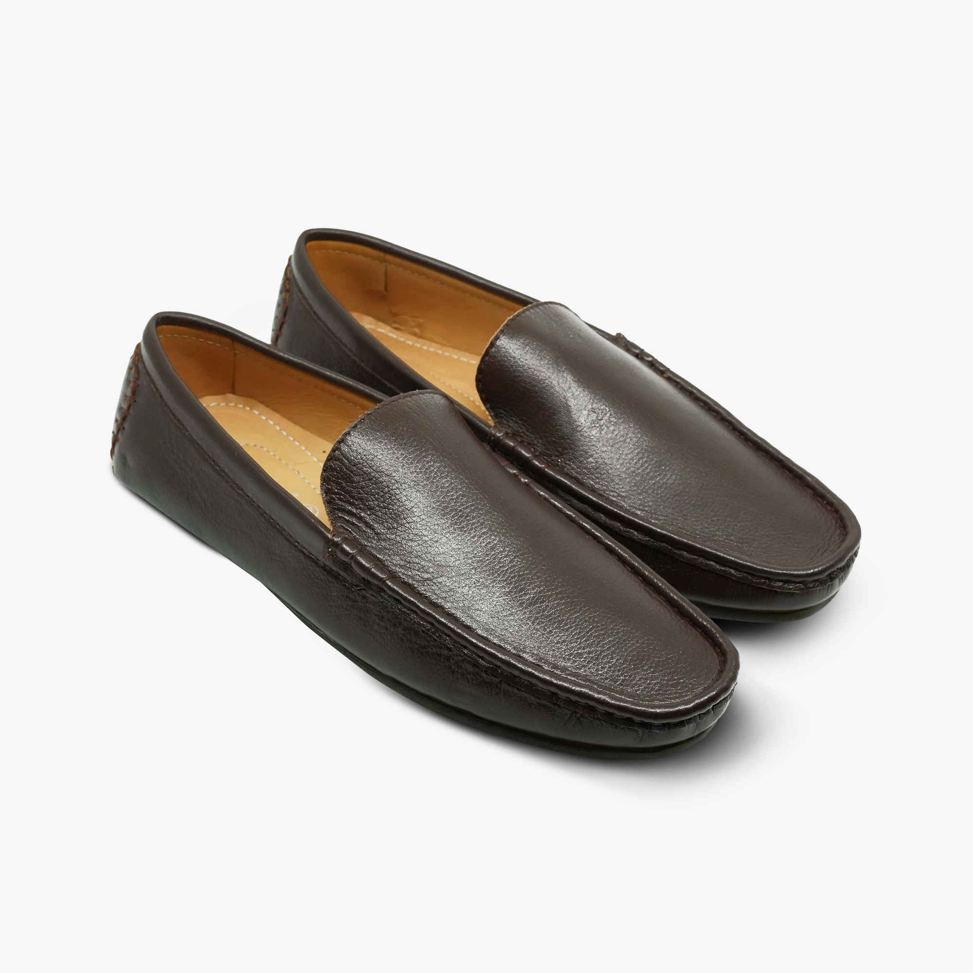 “Pair of Khowai brown driving loafers showing minimal stitching and rounded toe”