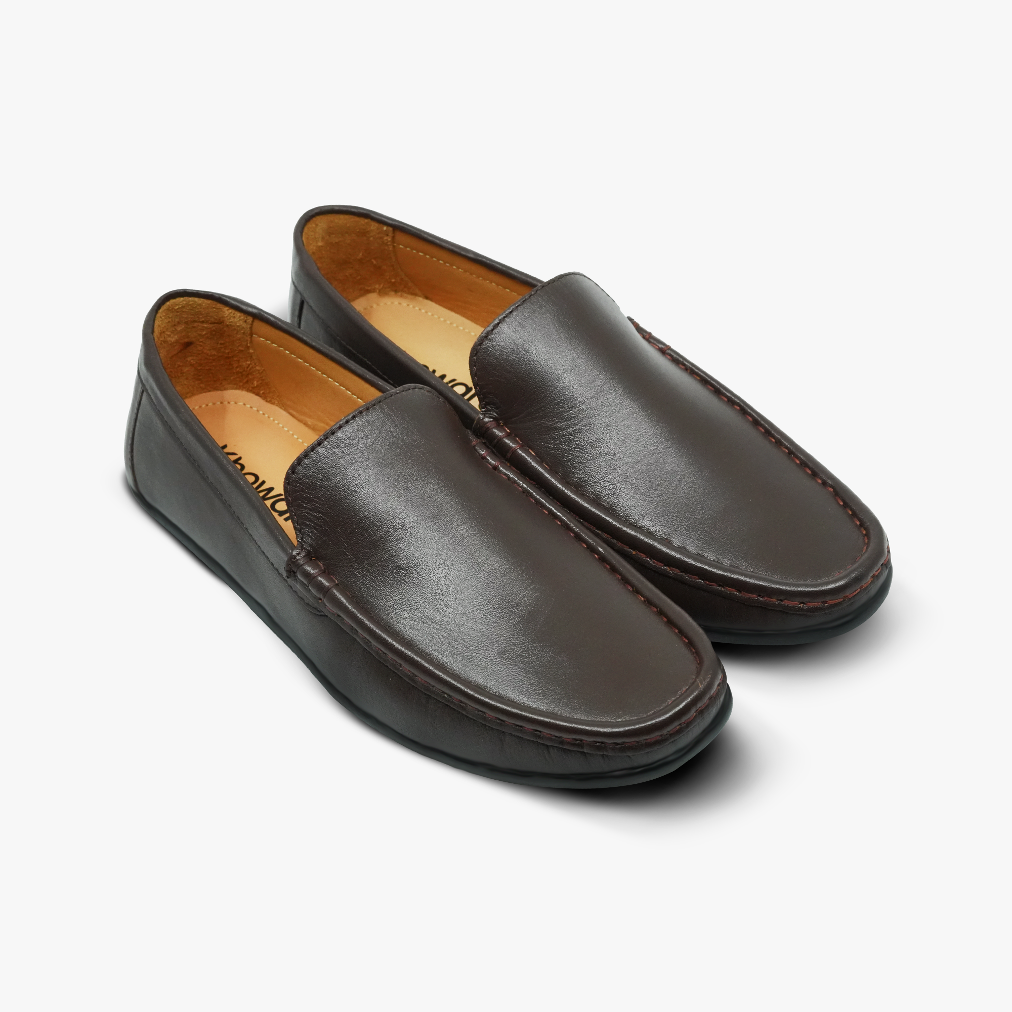 “Front angle of Khowai men’s brown leather moccasins showcasing rounded toe”