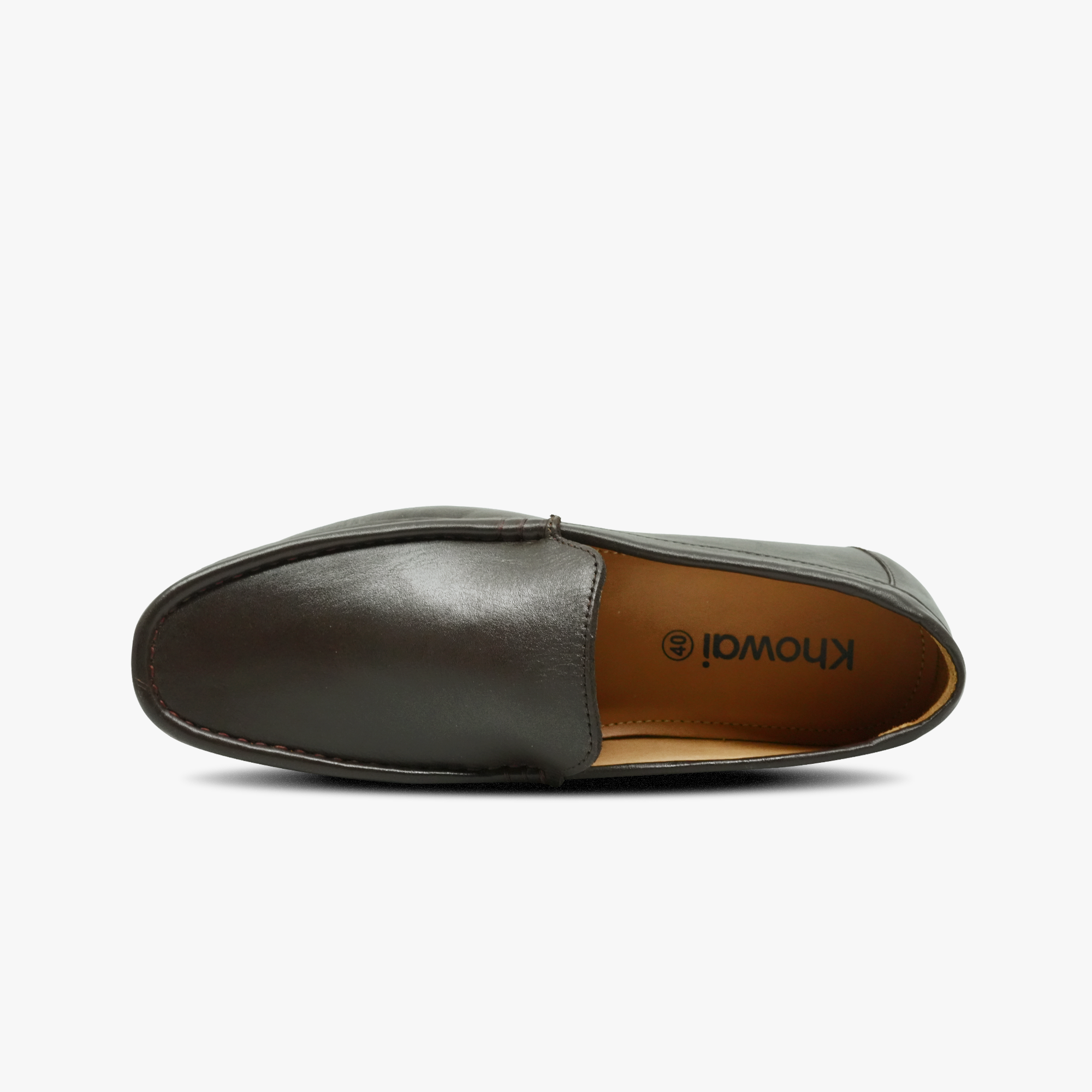 “Top view of cushioned insole in Khowai brown leather driving loafers”