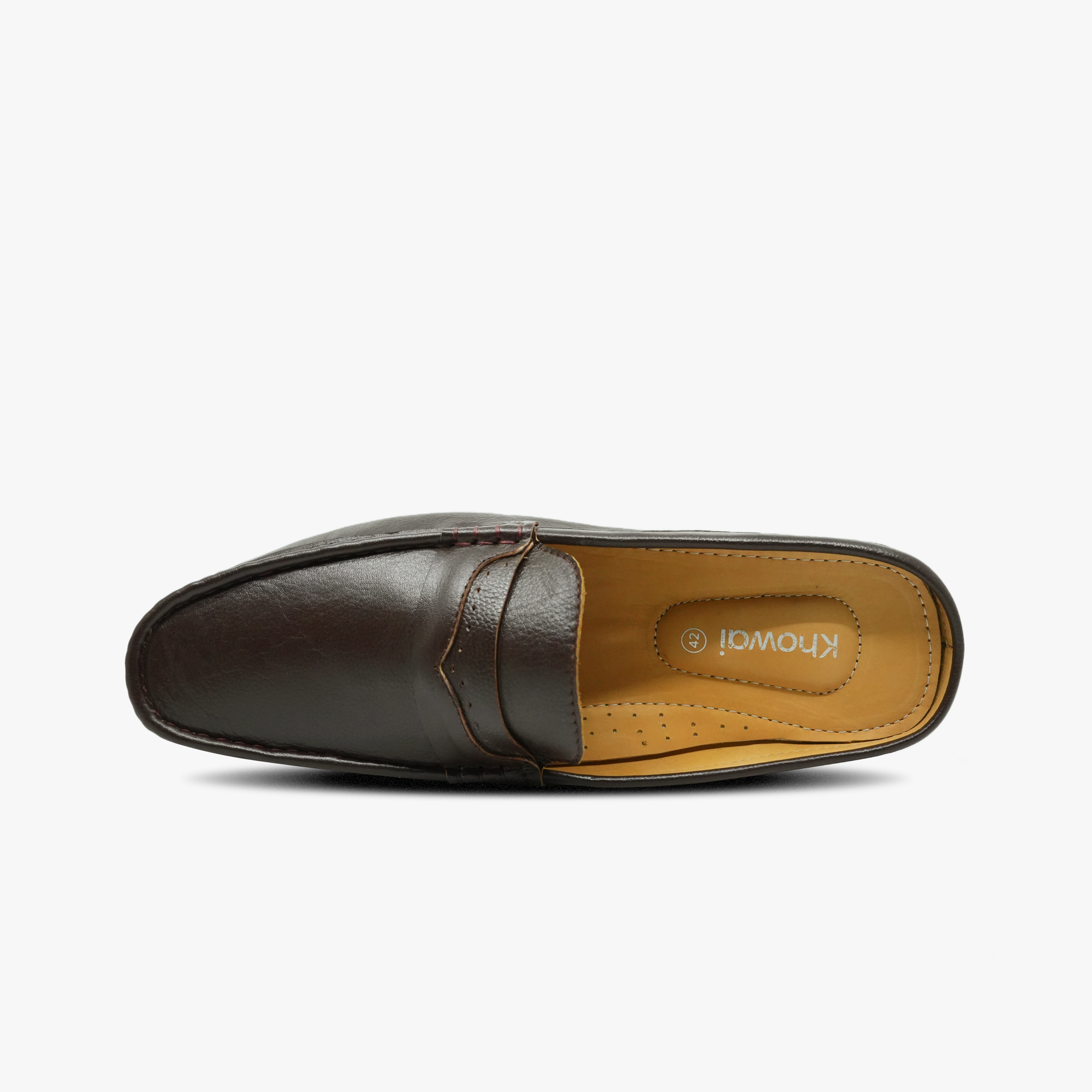 “Khowai branding on the cushioned insole of men’s brown mule loafers”