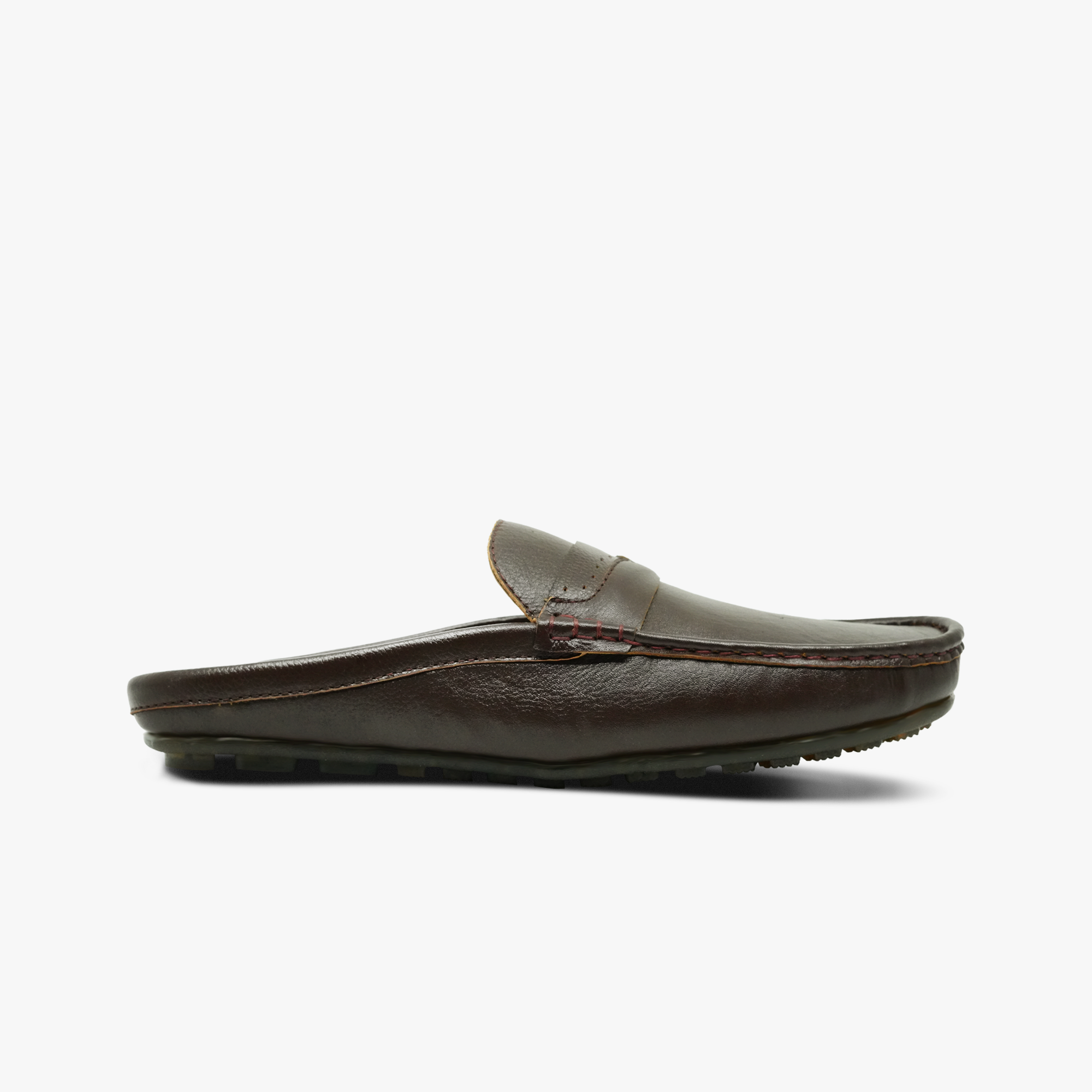 “Side view of Khowai men’s brown mule loafers with open-heel design”
