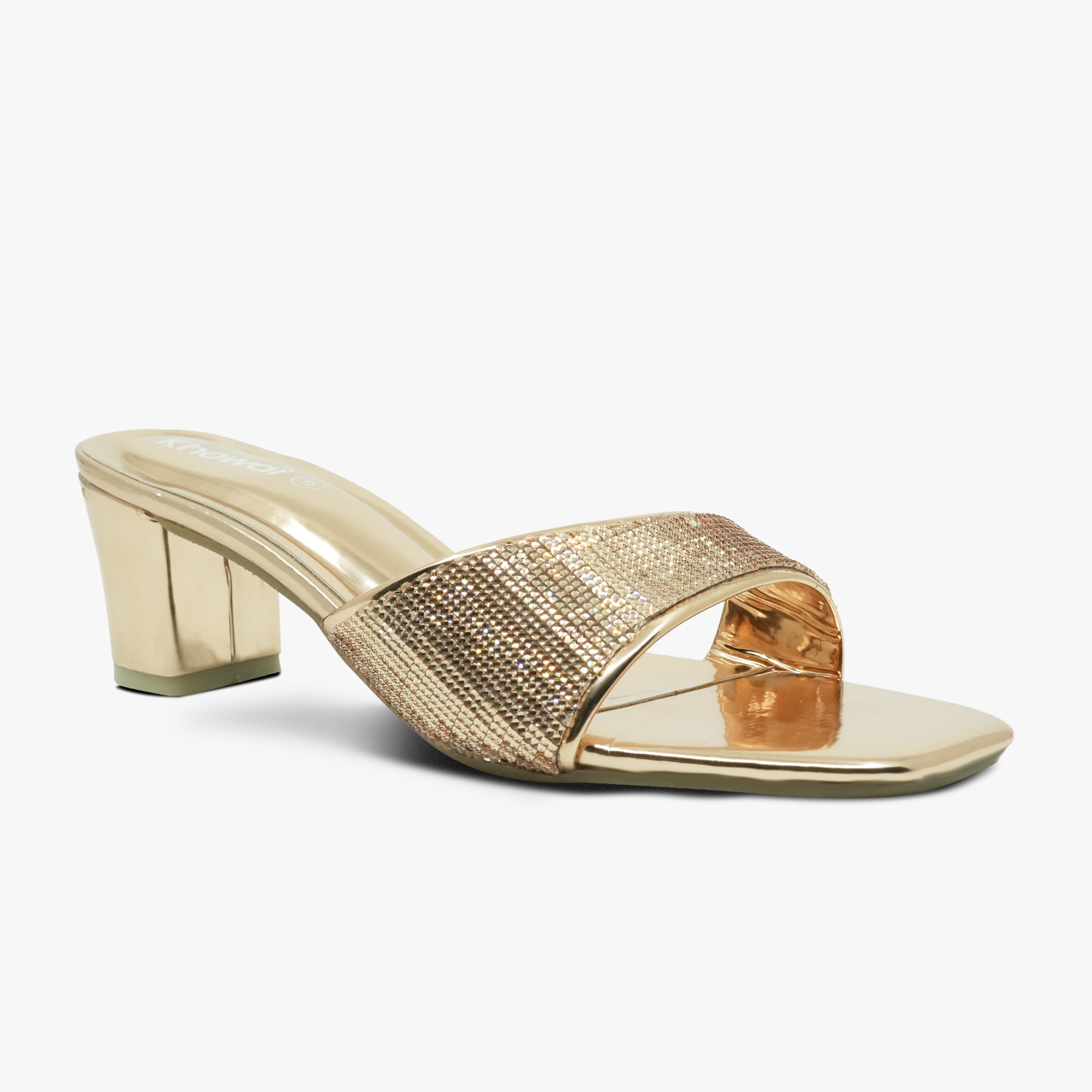 “Front angle of Khowai gold open-toe mules showing embellished vamp strap”