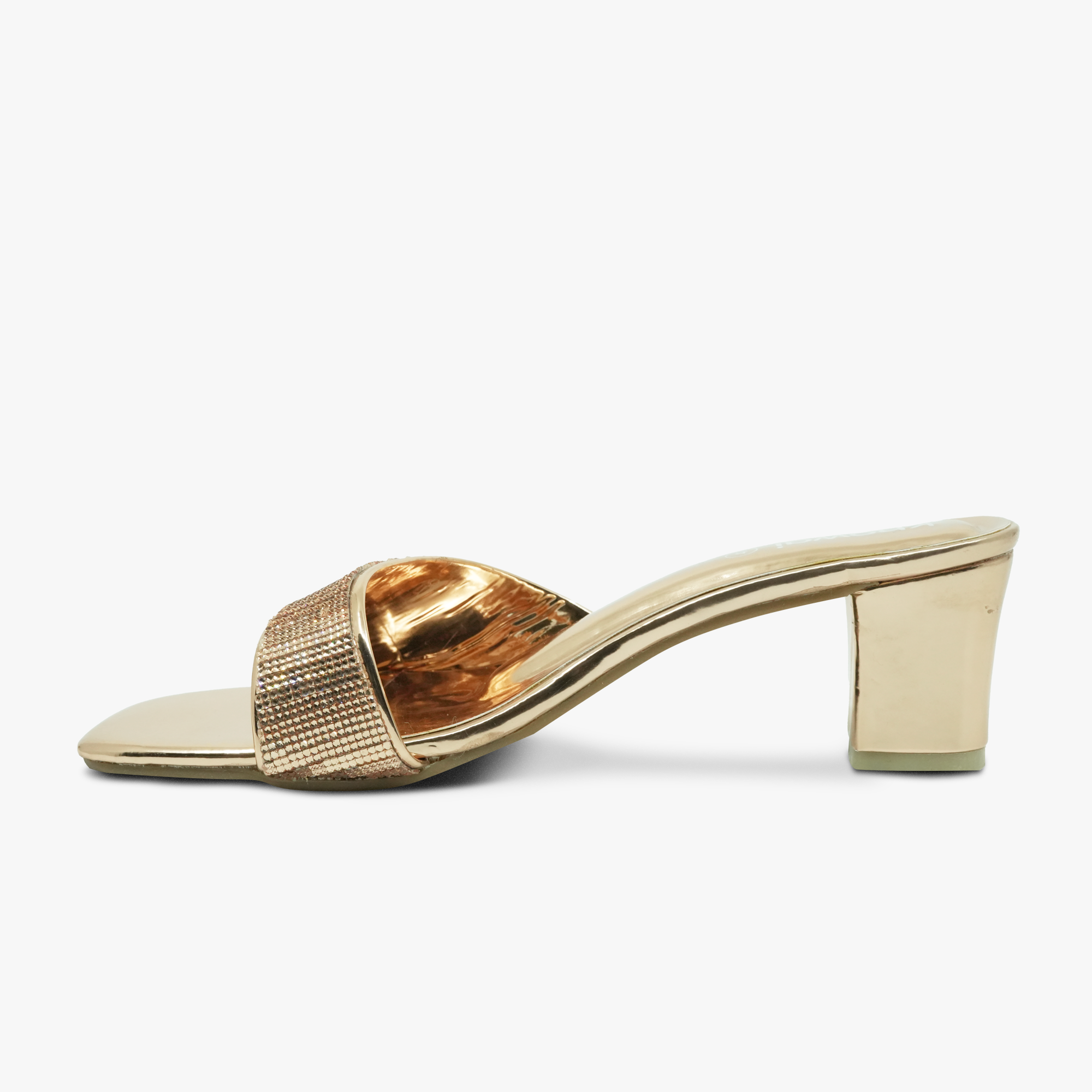 “Profile shot of Khowai gold heeled mules featuring a sparkling rhinestone strap”