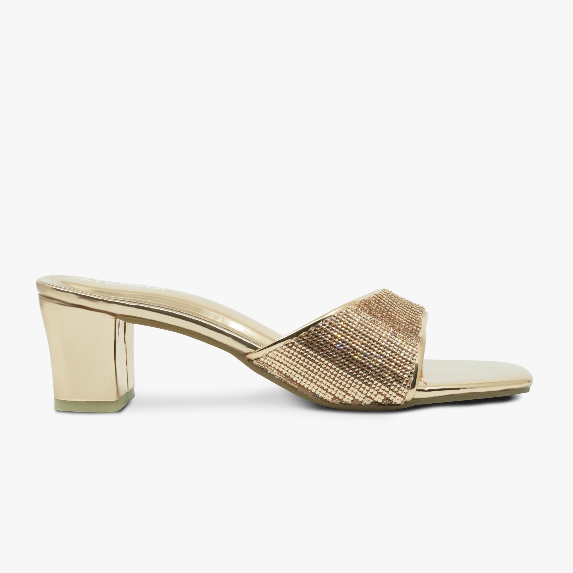 “Side view of Khowai gold rhinestone mule heels with block heel”