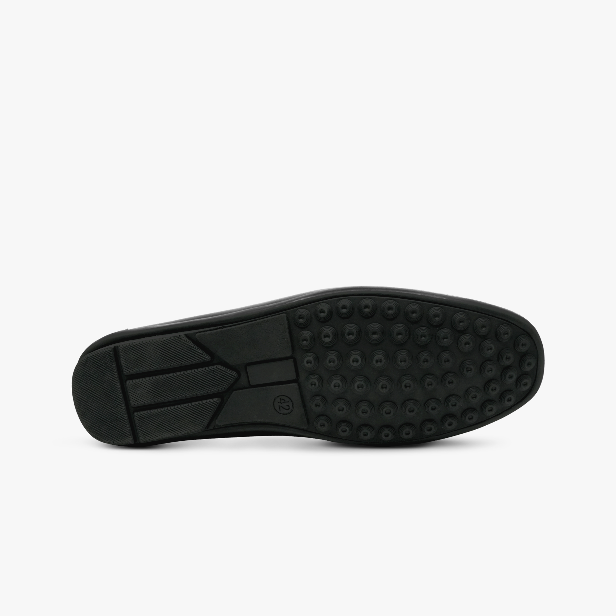 “Durable rubber outsole with driver-style pods on Khowai black loafers”