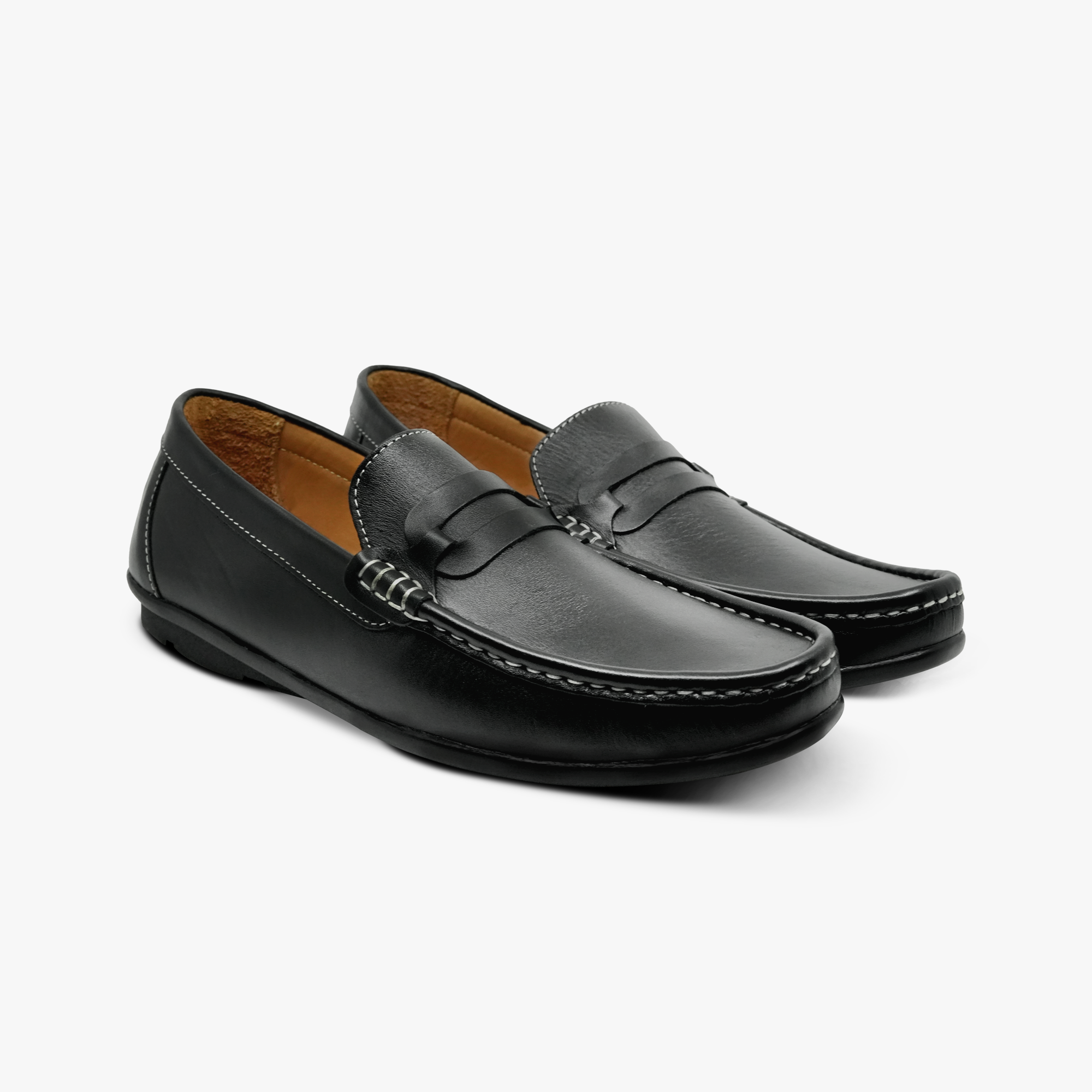 “Pair of Khowai men’s black slip-on loafers front angle showing moc-toe design”