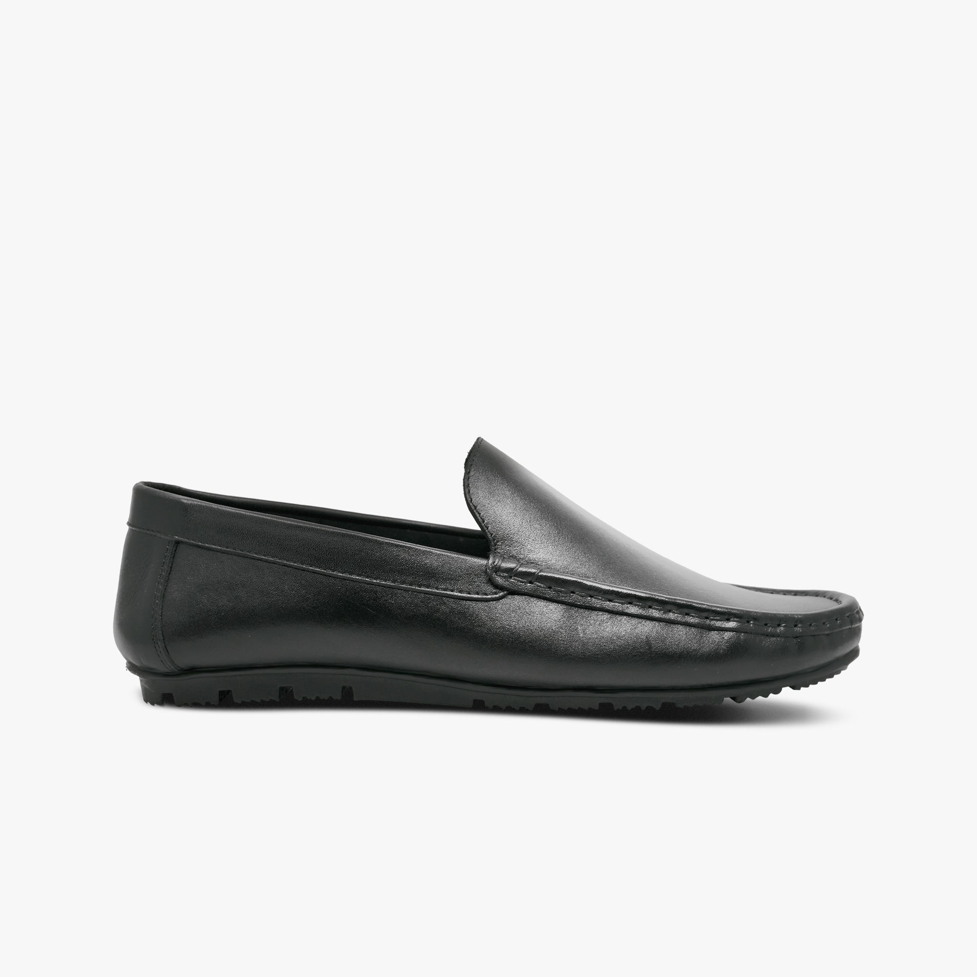 “Side view of Khowai men’s black leather slip-on loafers”