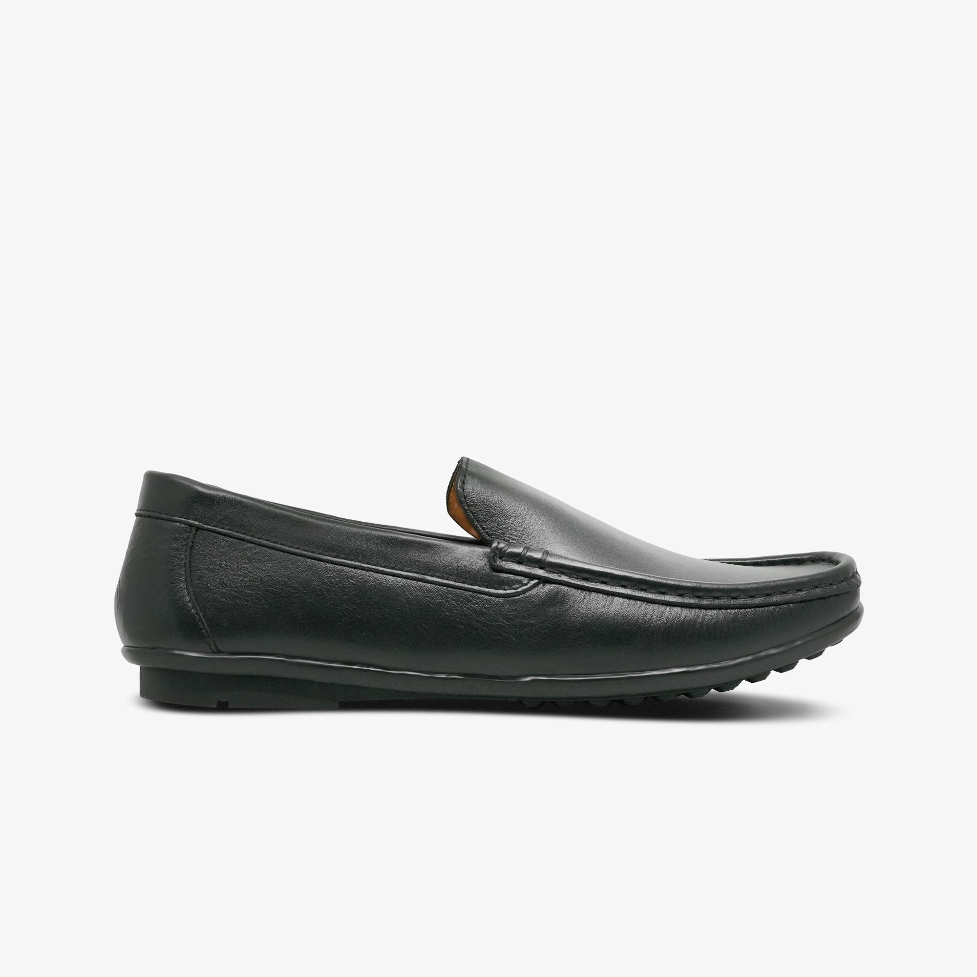 “Side view of Khowai men’s black driving loafers in smooth leather”