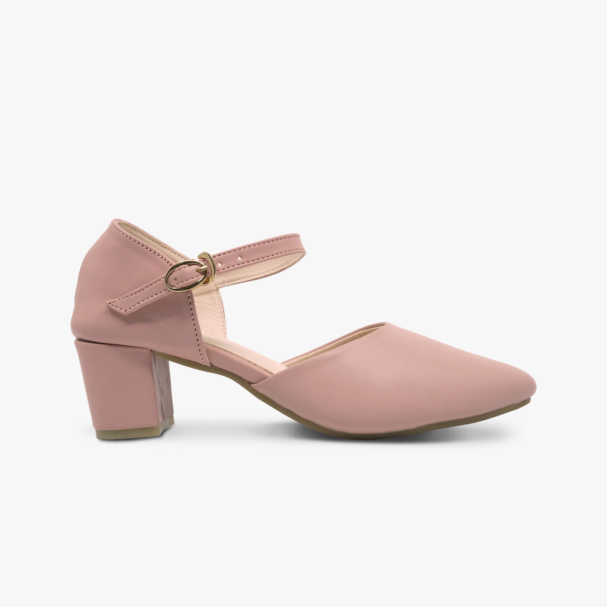 Side view of Khowai pink ankle-strap block-heel pumps with pointed toe”