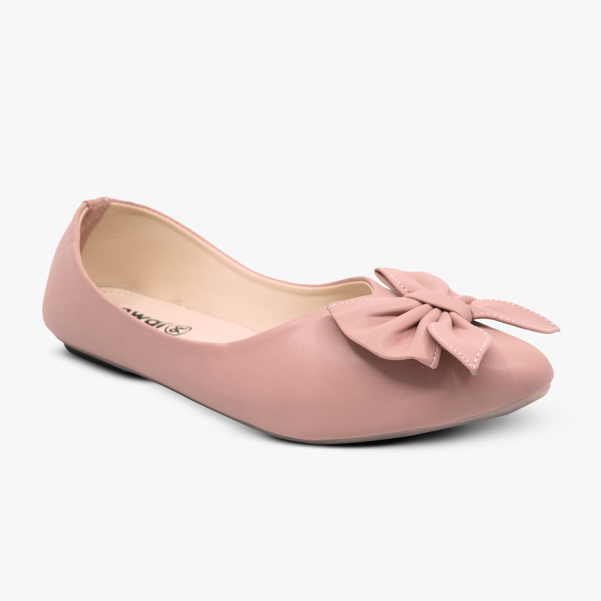 “Front angle of Khowai pink flats showing a large bow and smooth matte finish”