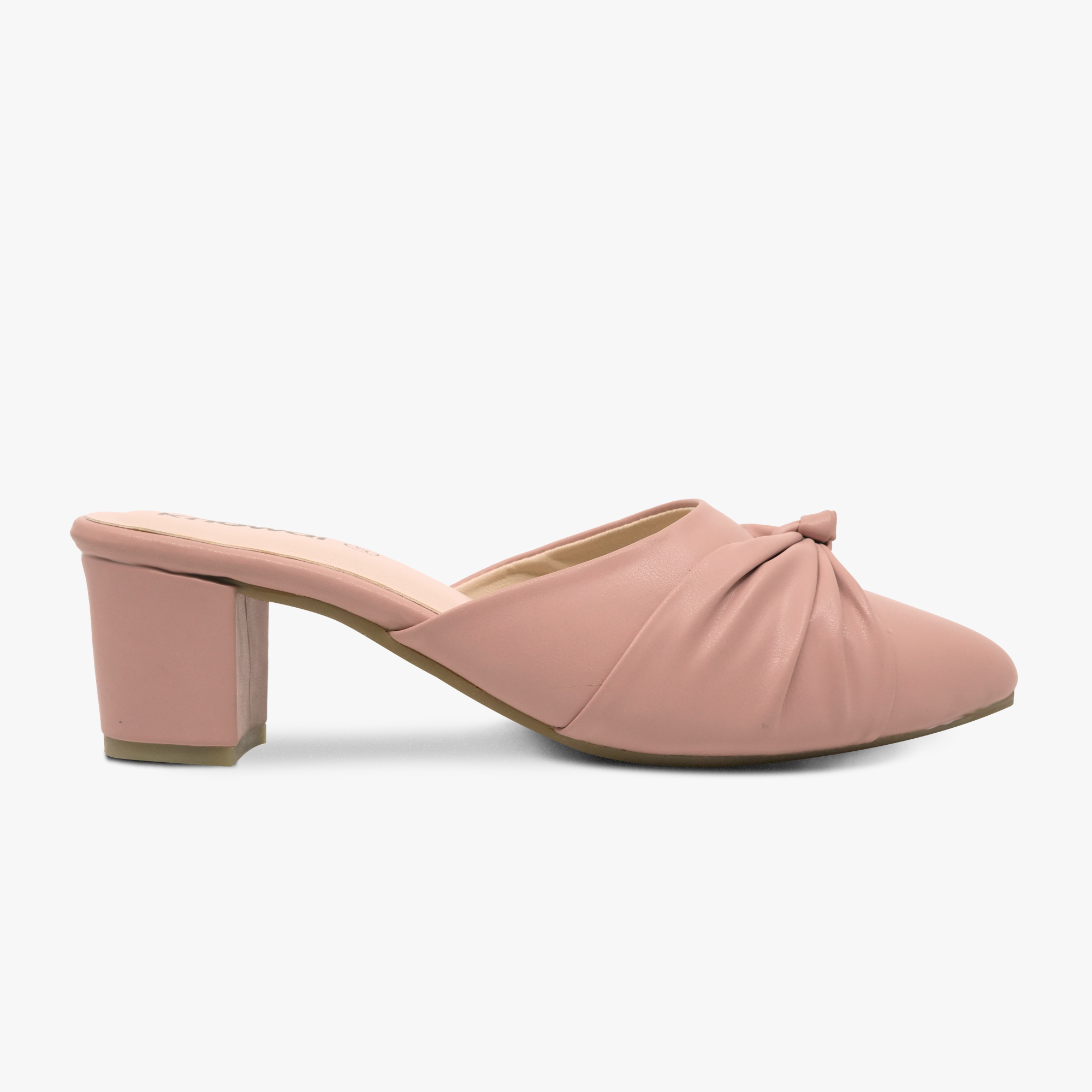 “Side view of Khowai pink heeled mule with twisted knot detail and block heel”