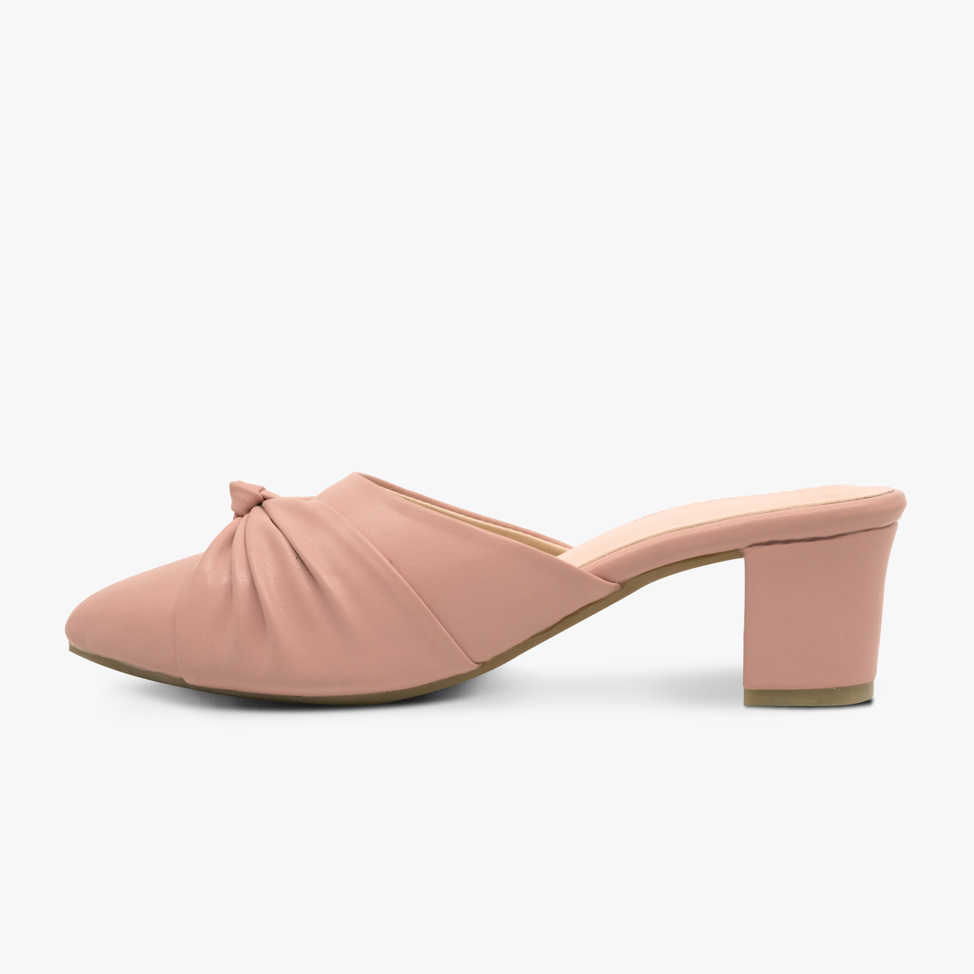 “Front angle of Khowai pink slip-on mules featuring a closed toe and knotted vamp”
