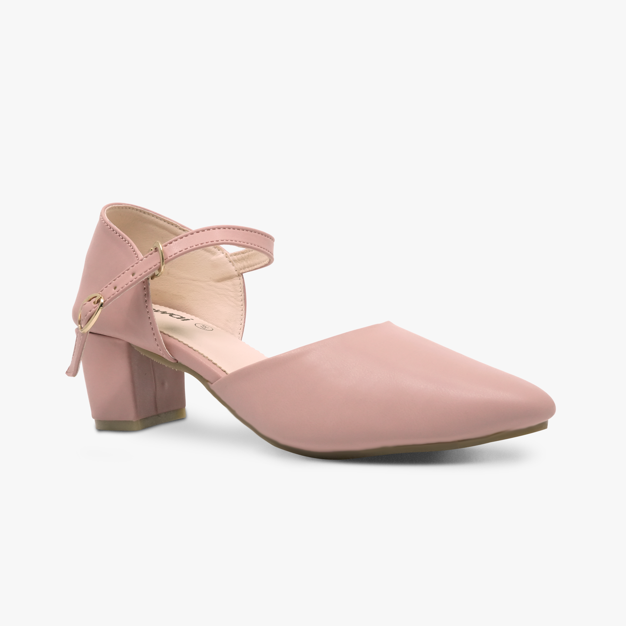 “Close-up of gold buckle on the adjustable ankle strap of Khowai pink pumps”