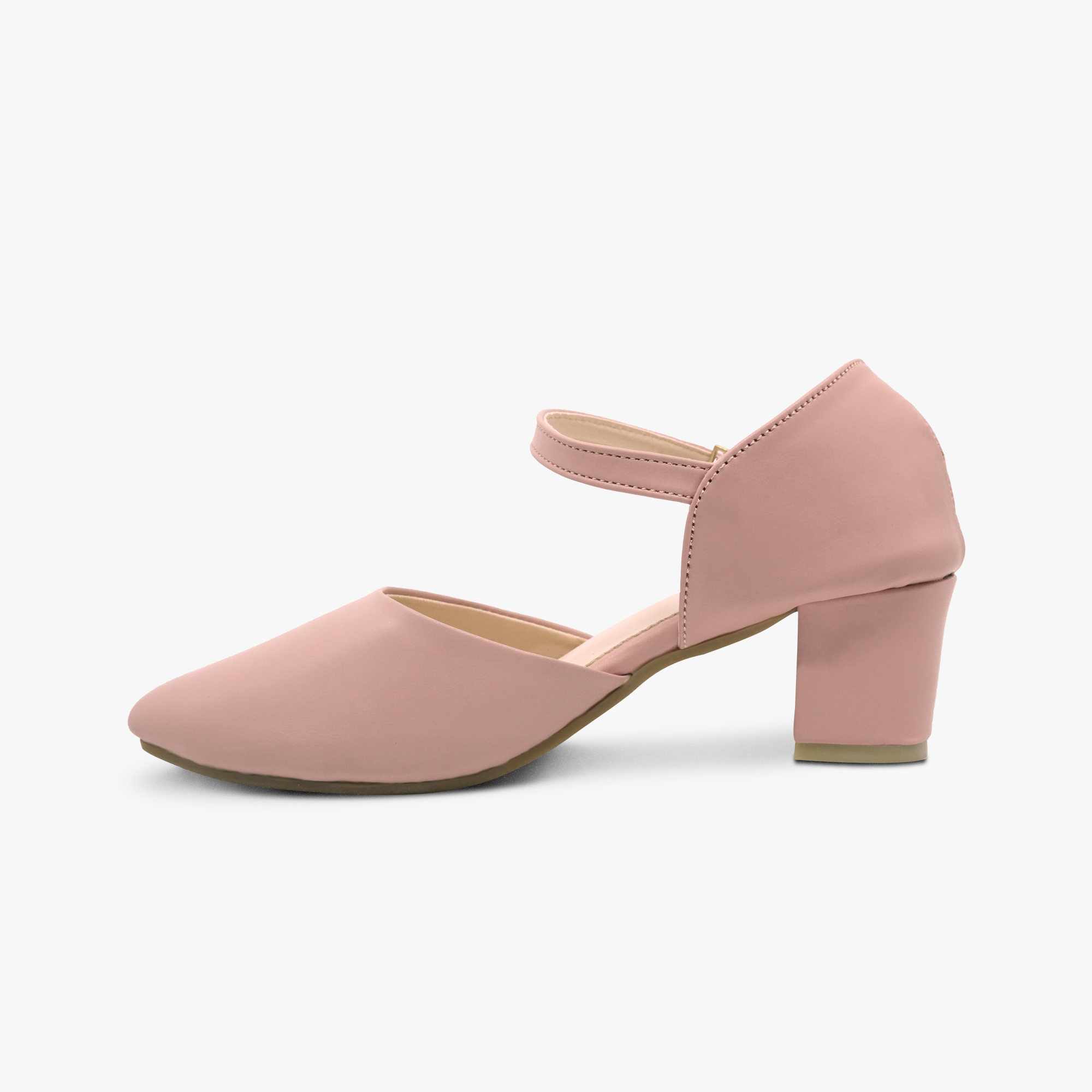 “Profile shot of women’s pink block-heel pumps featuring a pointed toe and ankle strap”
