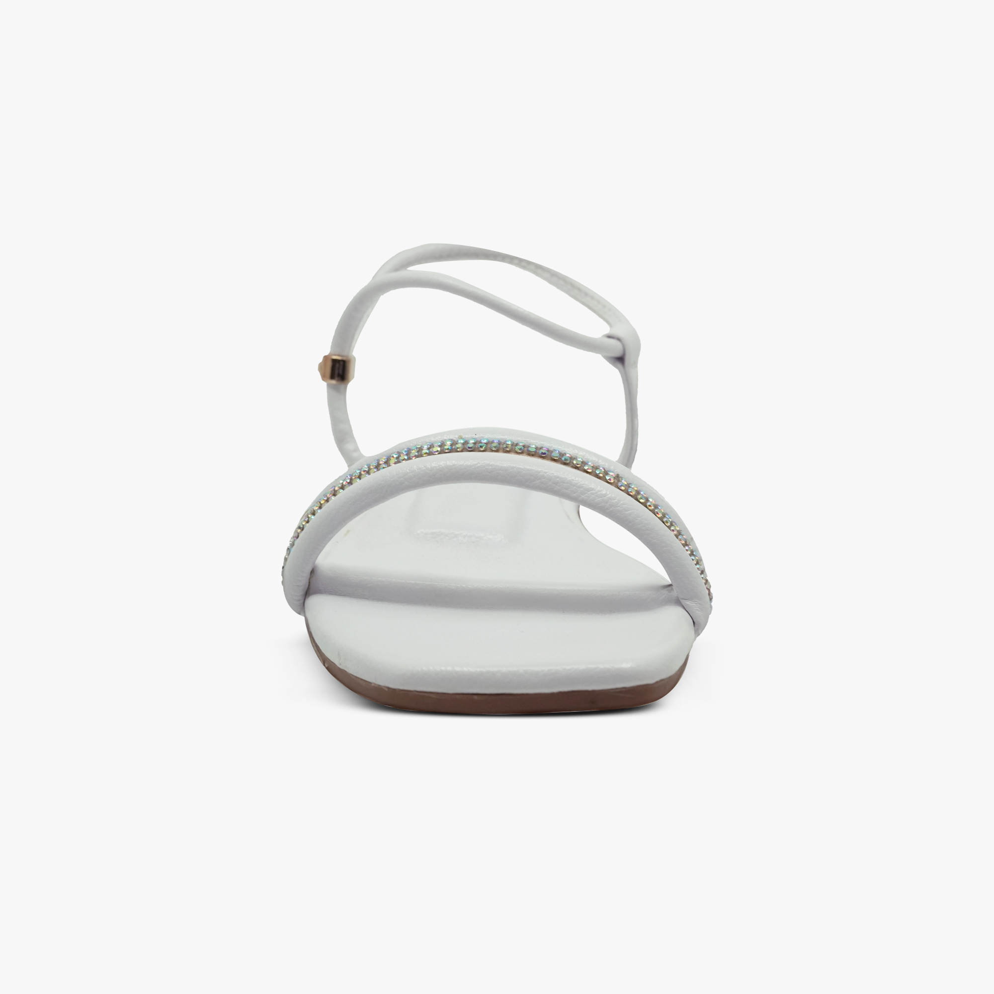 “Top view of padded insole and synthetic lining on Khowai white rhinestone flat sandals”