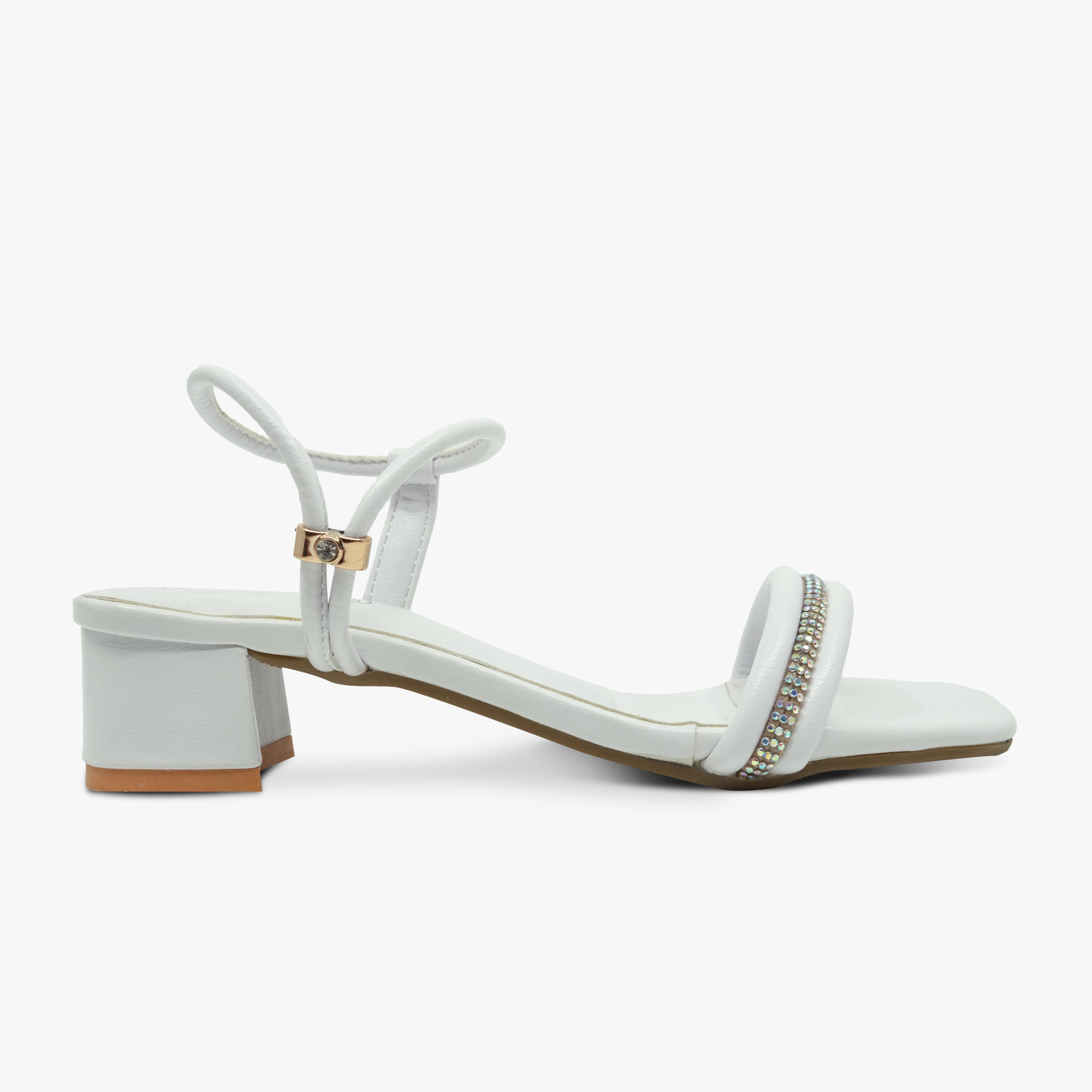 “Side view of Khowai white block-heel sandals with rhinestone strap”