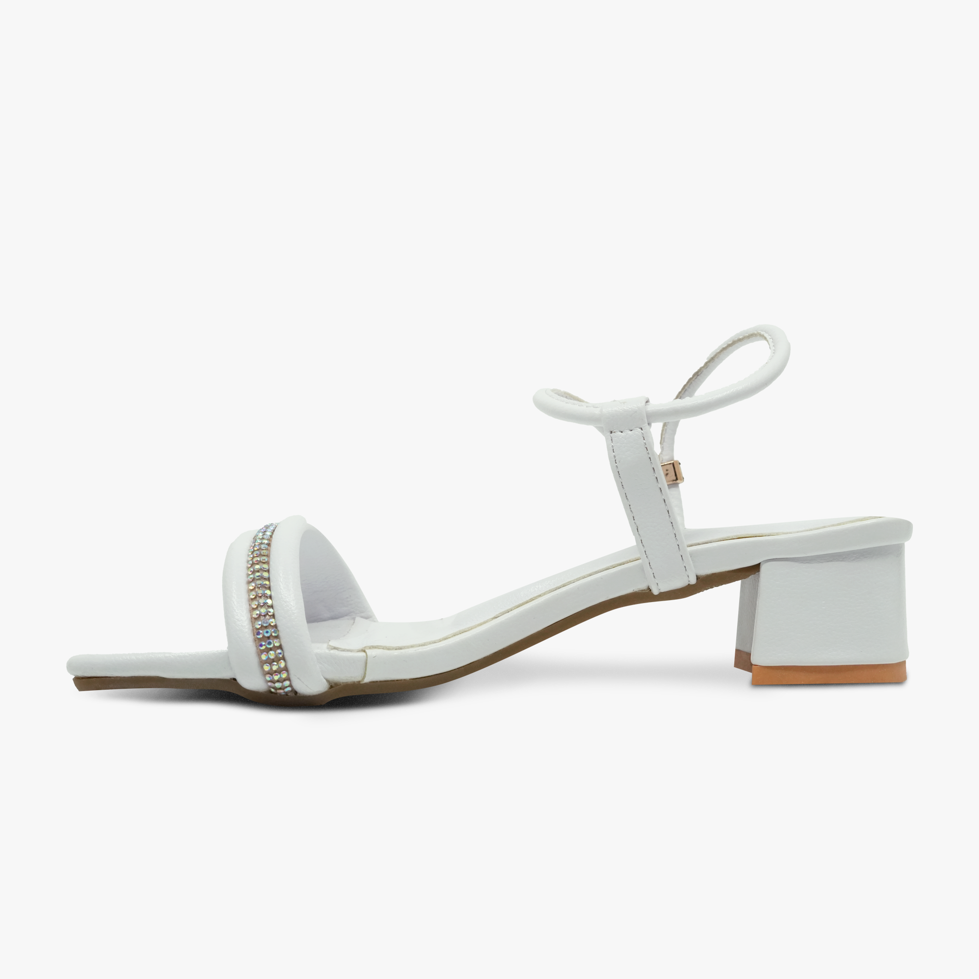 “Profile shot of white open-toe sandals featuring a double-strap vamp and block heel”