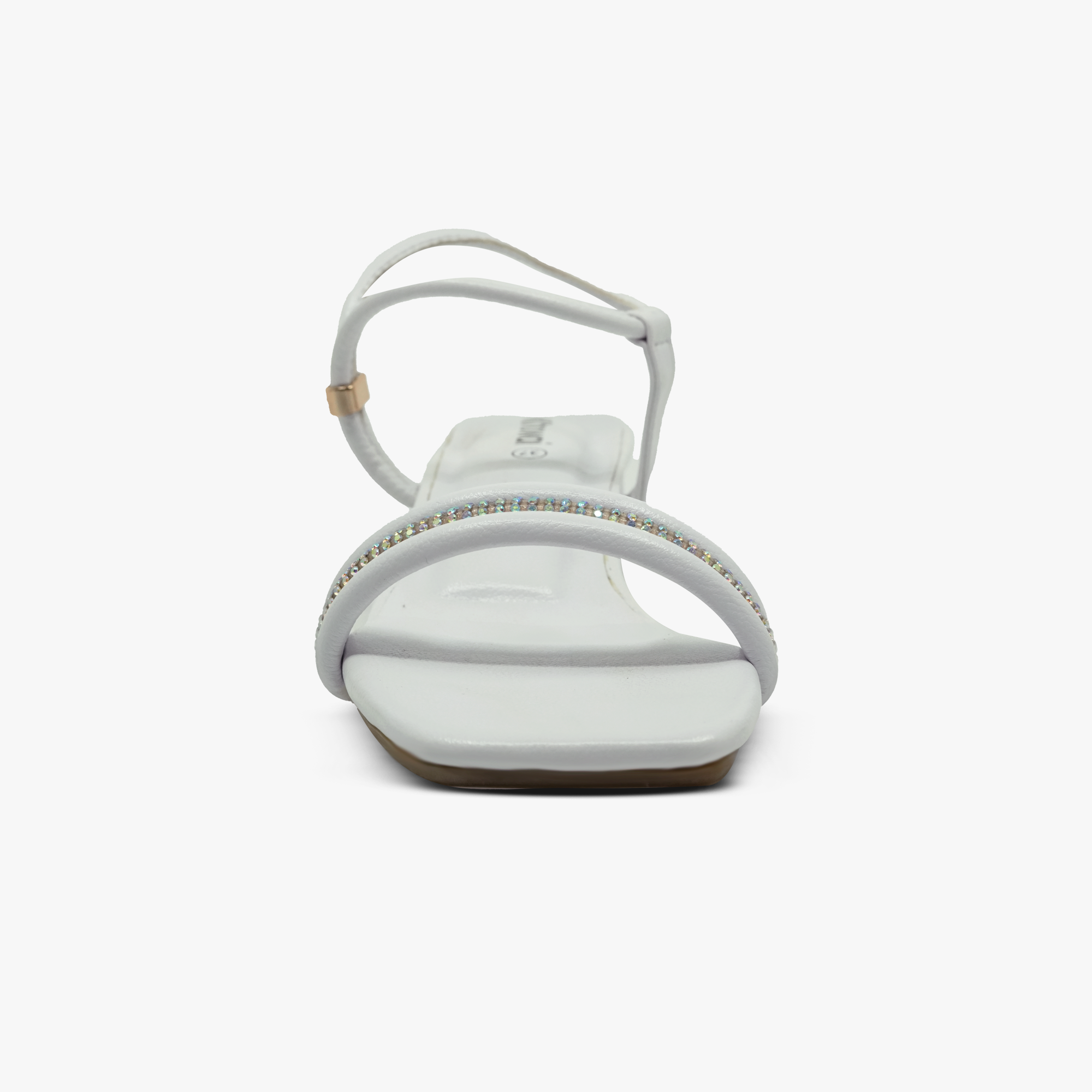 “Front angle of Khowai white rhinestone block-heel sandals showing adjustable ankle strap”