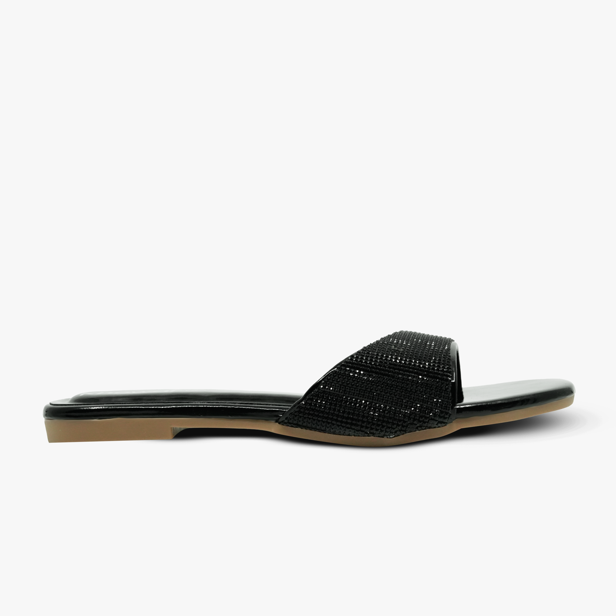 “Side view of Khowai black rhinestone slide sandals with a glossy finish”
