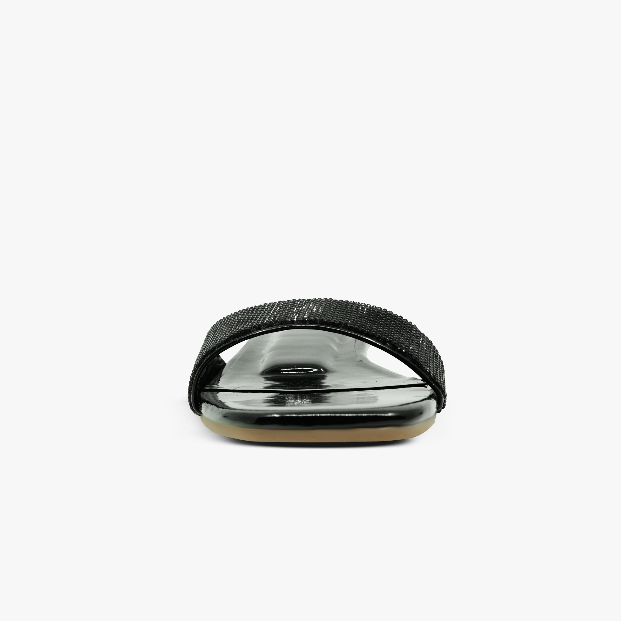 “Front angle of Khowai black slide sandals showing padded insole and sparkling vamp”