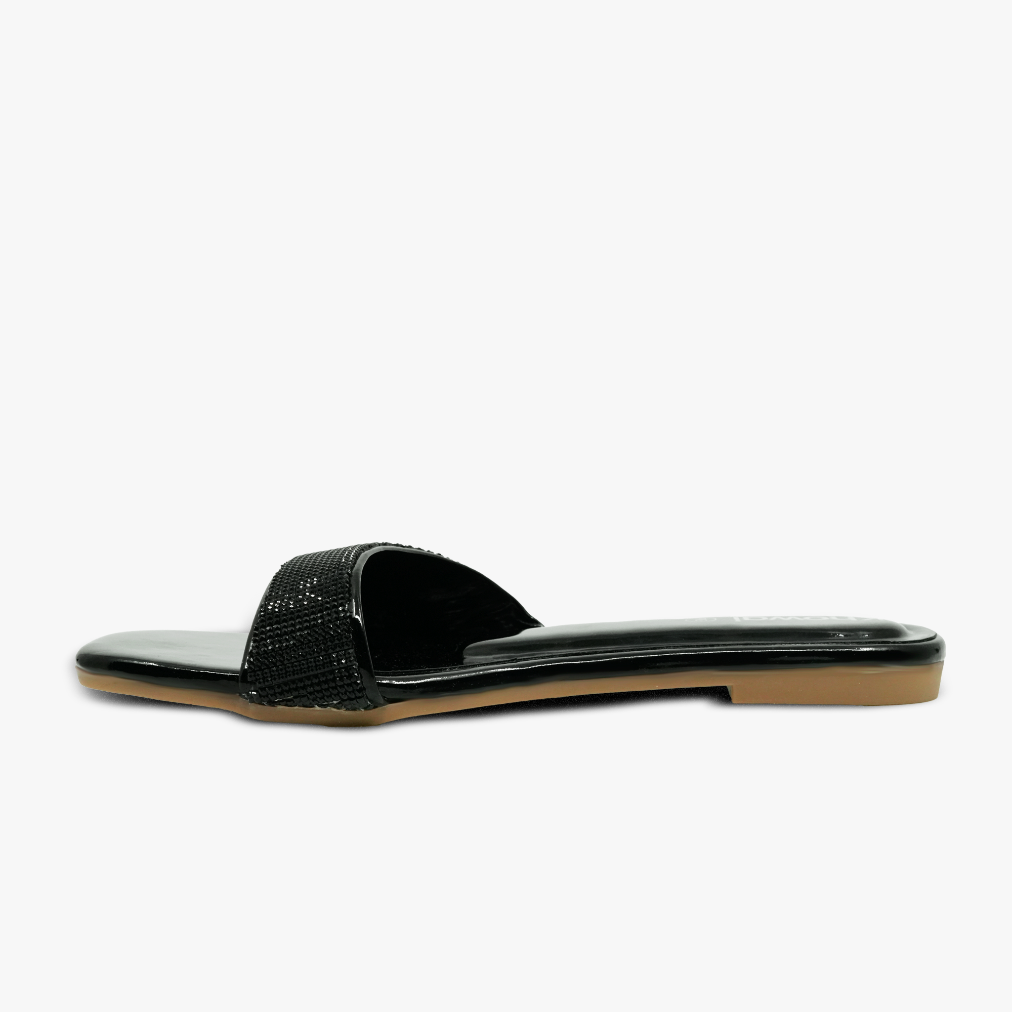 “Front angle of Khowai black slide sandals showing padded insole and sparkling vamp”
