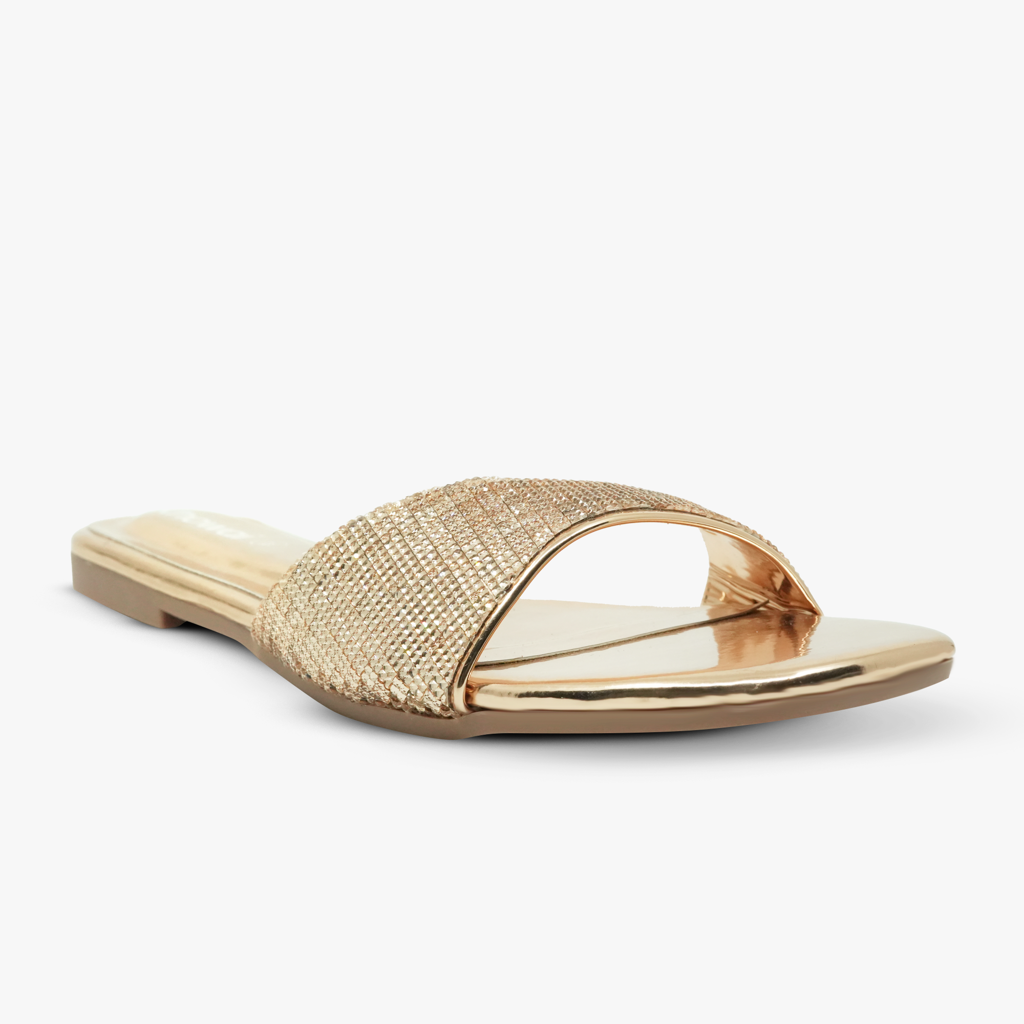 “Front angle of Khowai gold slide sandals showing padded insole and sparkling vamp”