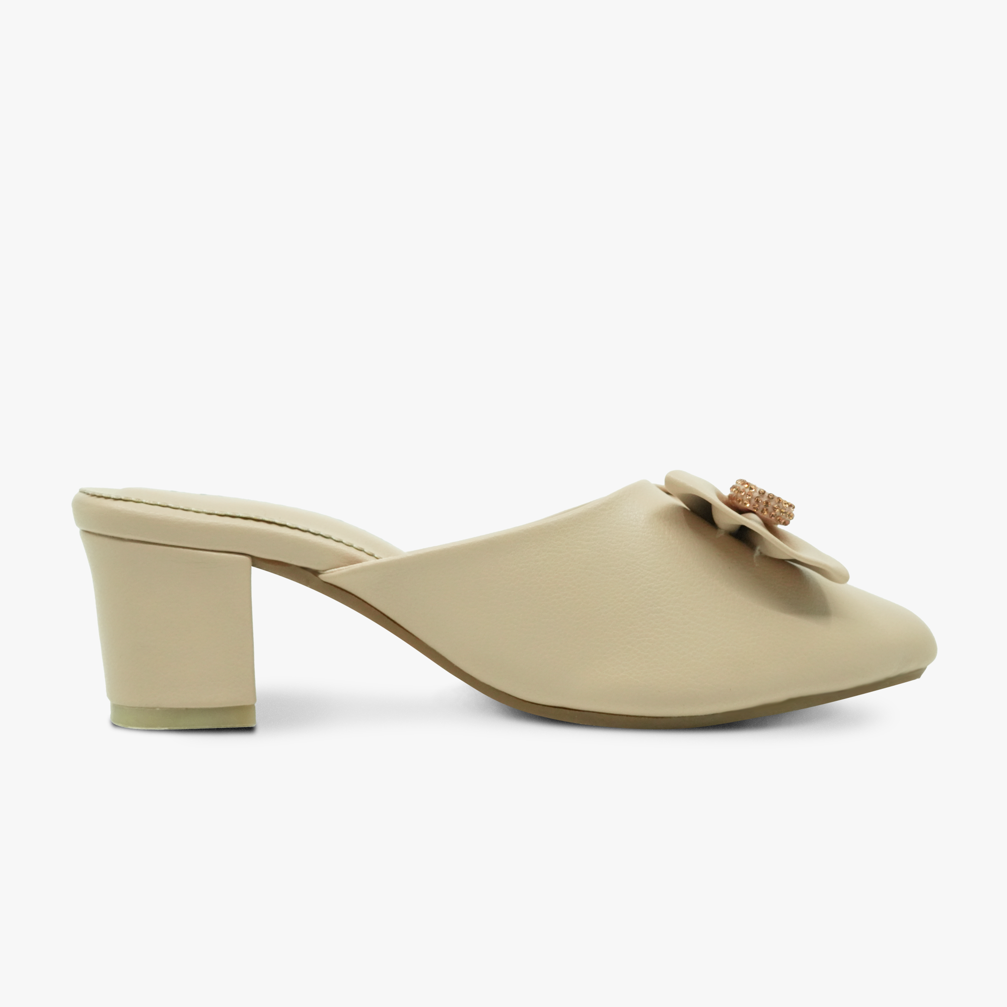 “Side view of Khowai beige bow mule heels with mid-height block heel”
