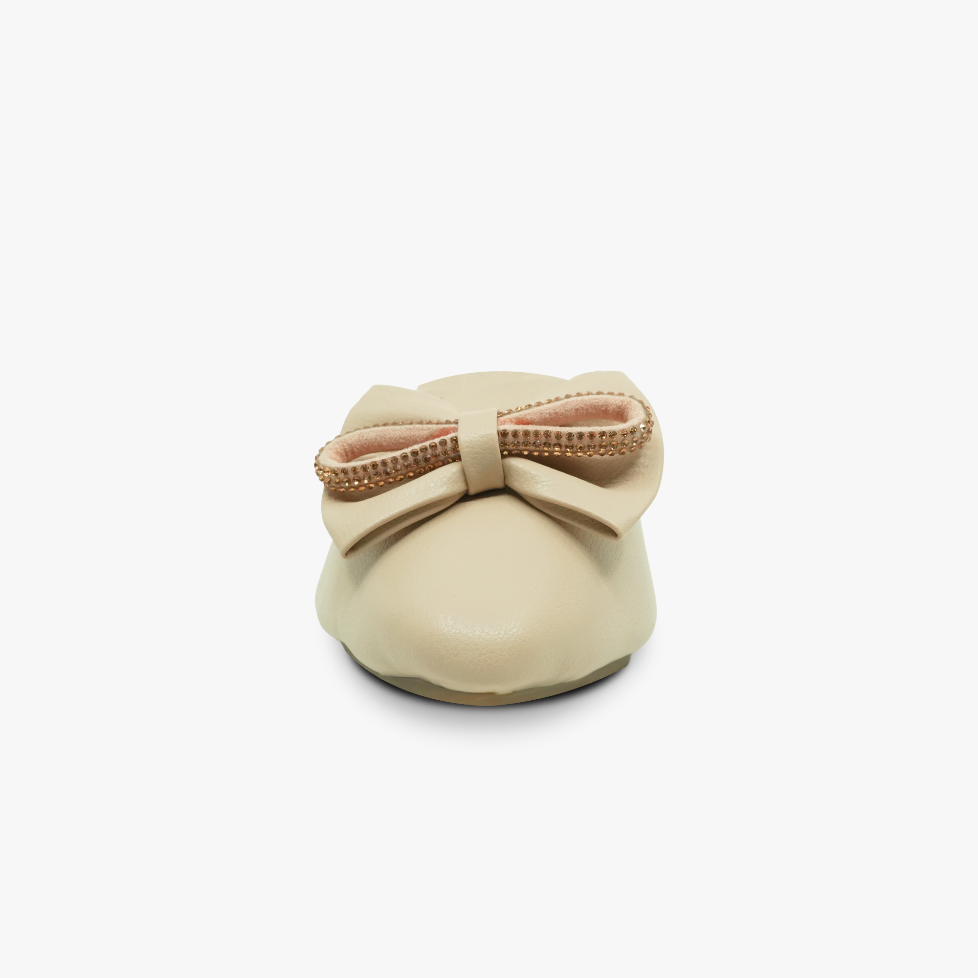 “Front angle of Khowai block-heel mule in beige showing statement bow detail”