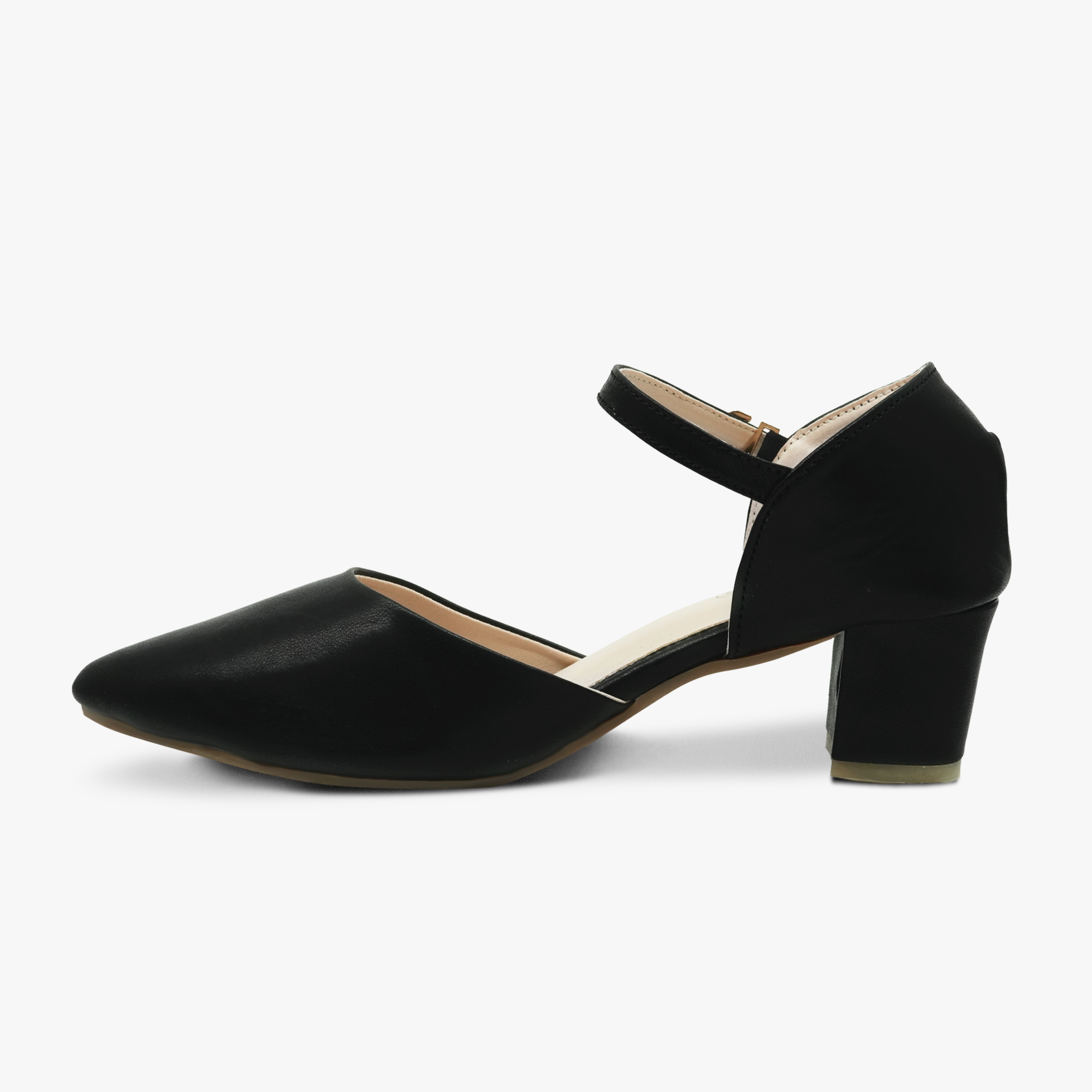 “Profile shot of Khowai black pointed-toe pumps with ankle strap”