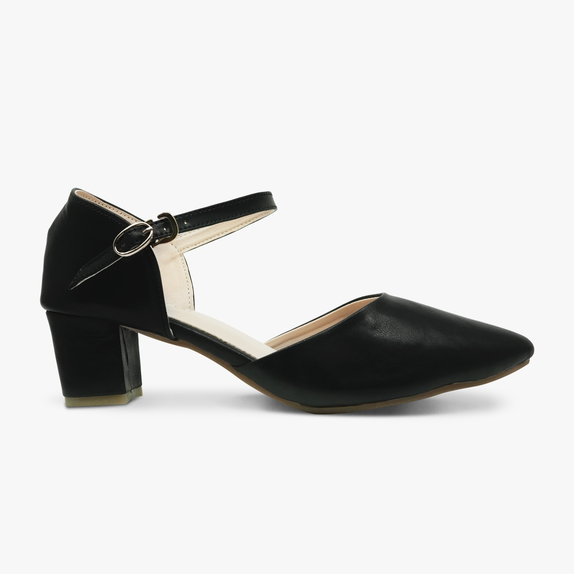 “Side view of Khowai women’s black ankle-strap block-heel pumps”