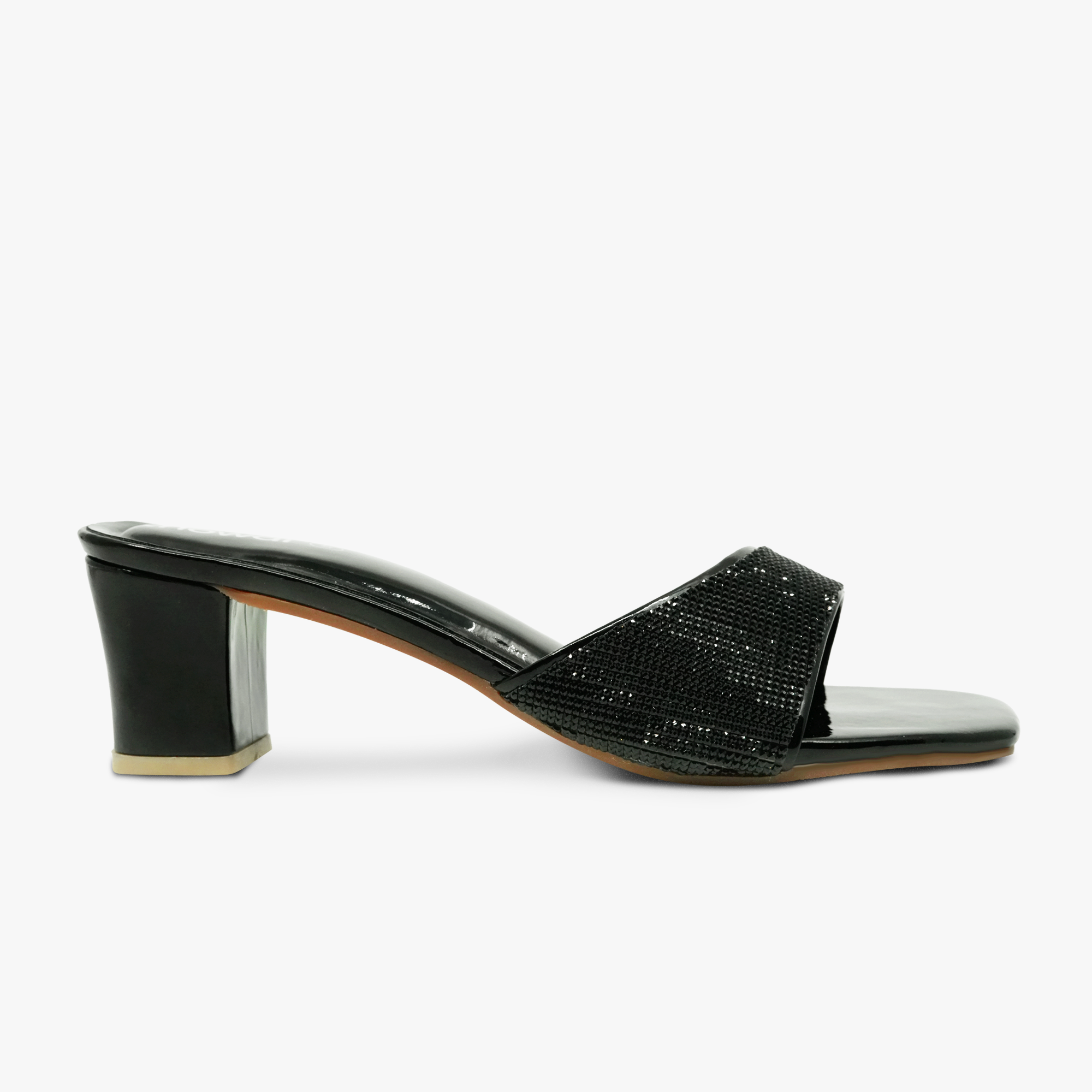 “Side view of Khowai black rhinestone heeled mules with glossy patent finish”