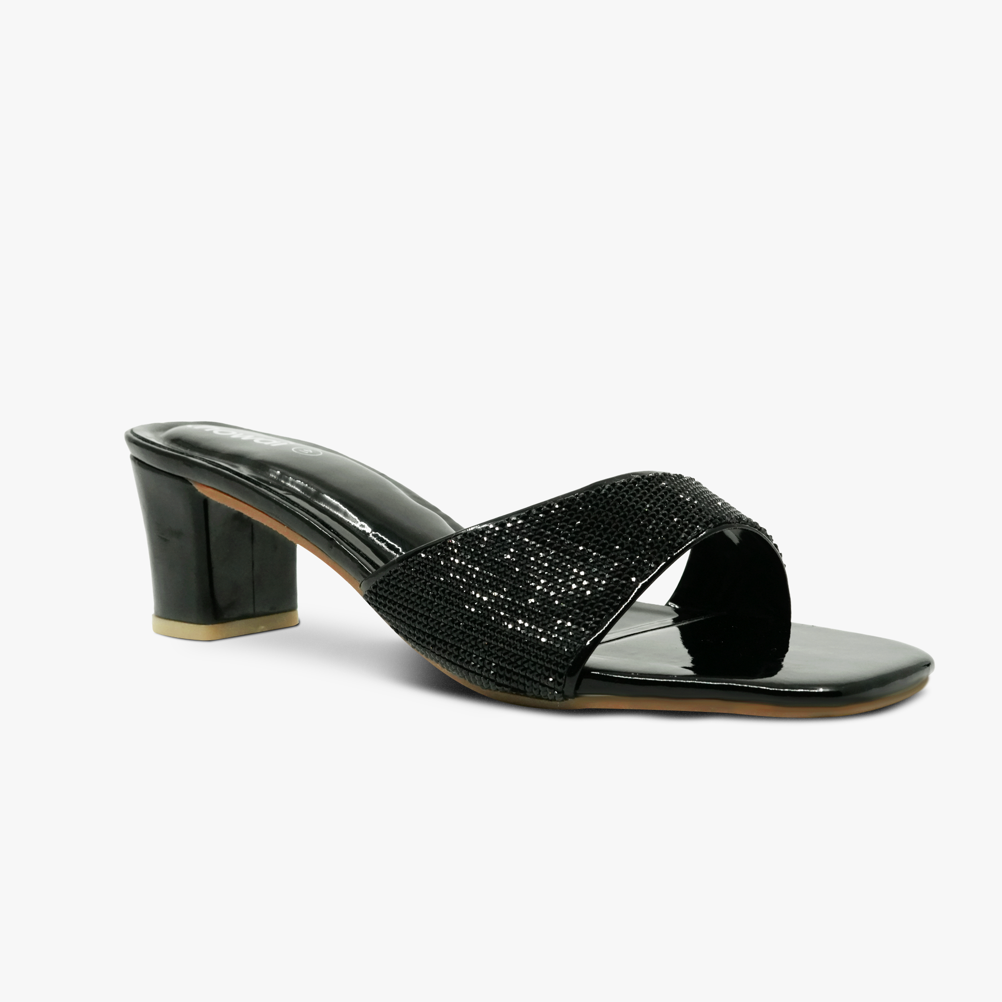 “Top view of padded insole and glossy finish on Khowai black rhinestone mules”