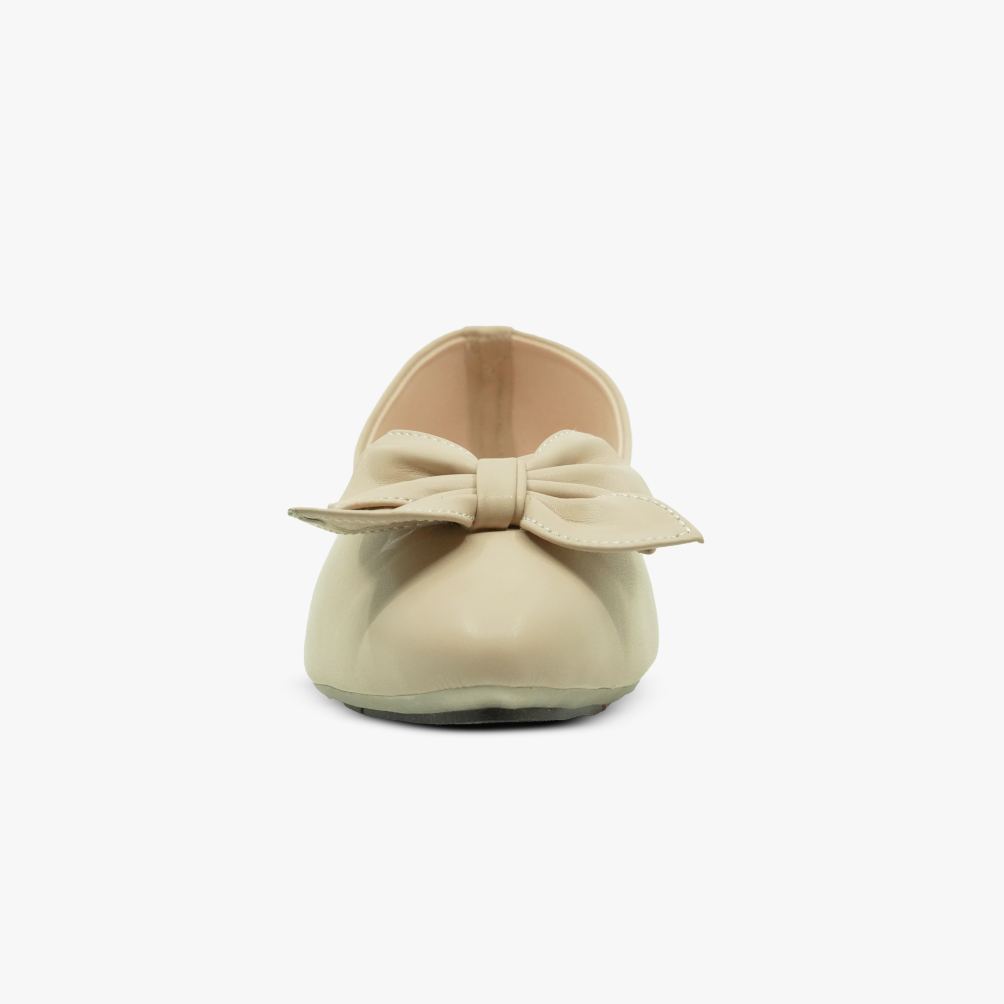 “Front angle of Khowai beige bow flats showing a rounded toe and oversized bow”