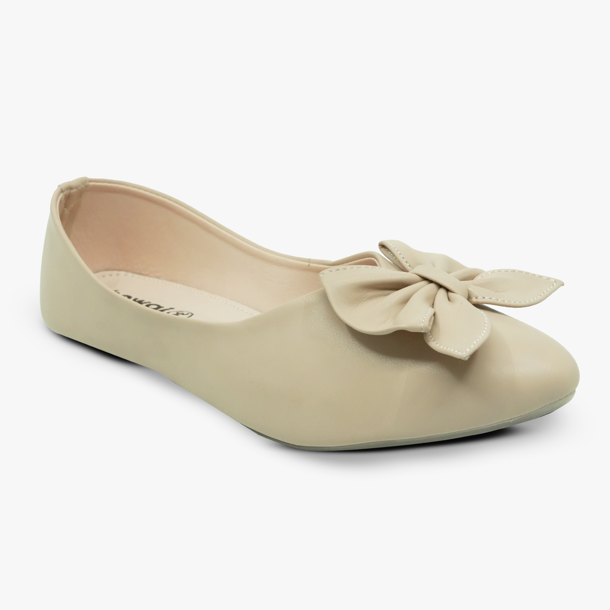 “Top view of padded insole and synthetic lining on Khowai beige bow ballet flats”
