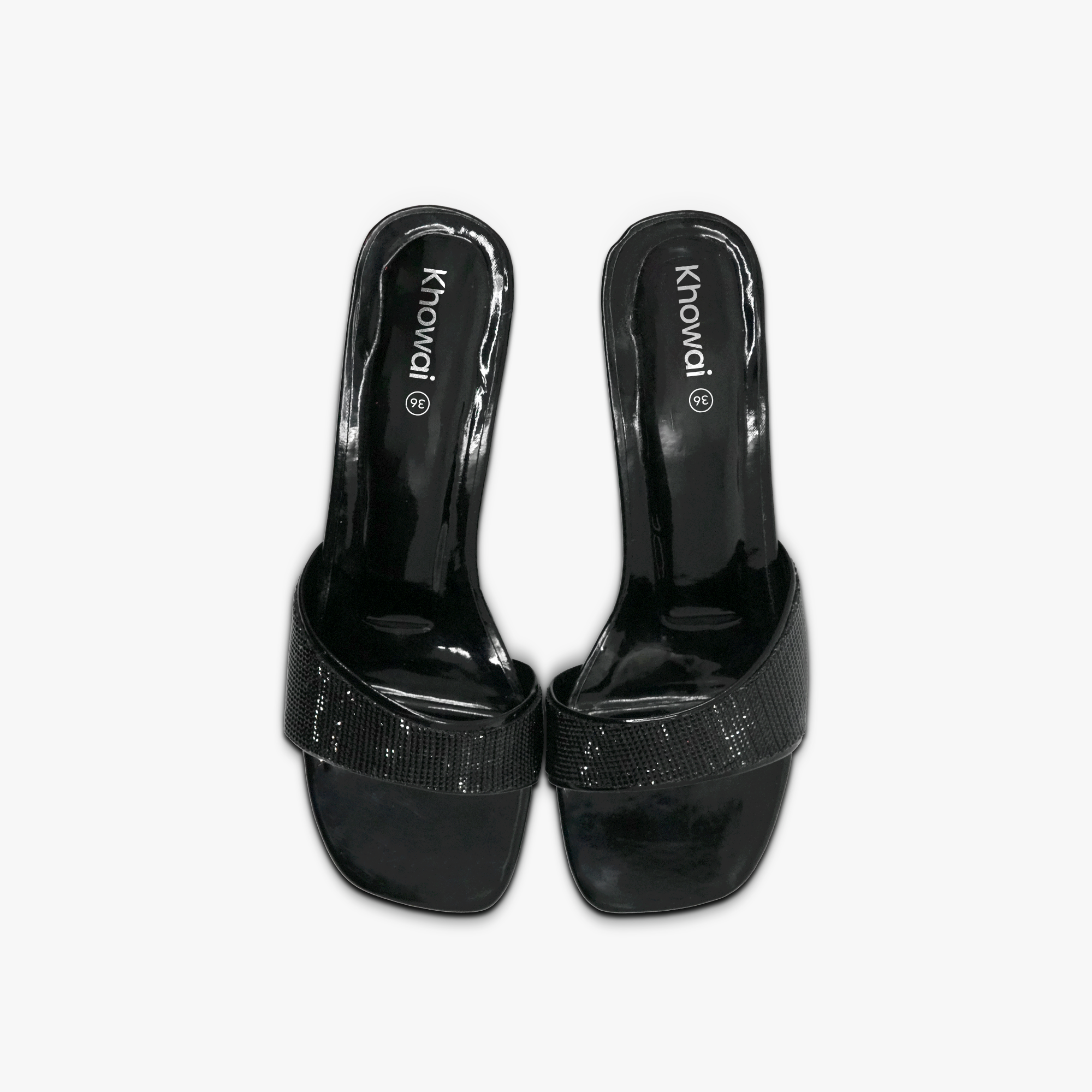 “Top view of Khowai black rhinestone sandals with synthetic lining and cushioned footbed”
