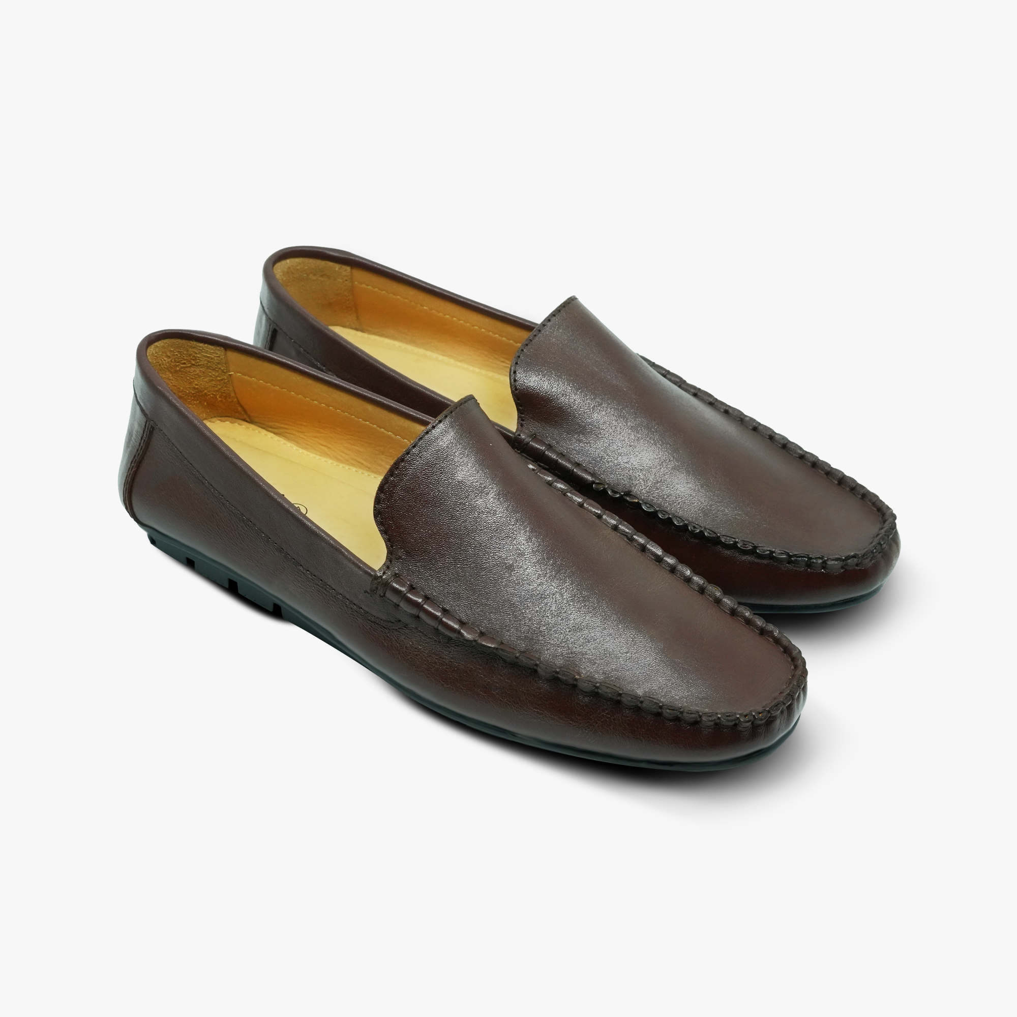 “Front angle showing Khowai men’s brown slip-on moccasins”