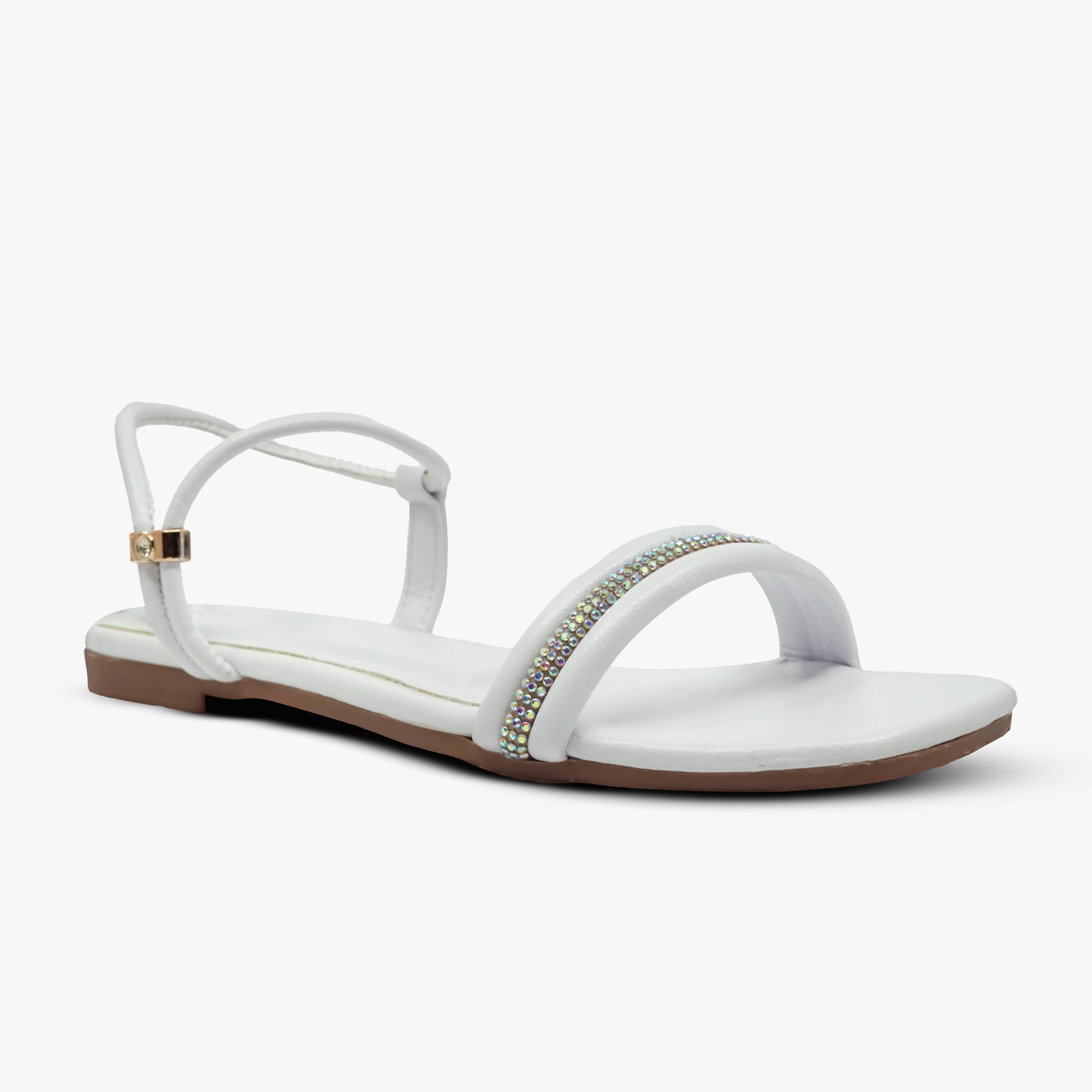  “Front angle of Khowai white flat sandals showing rhinestone strap and open toe design”